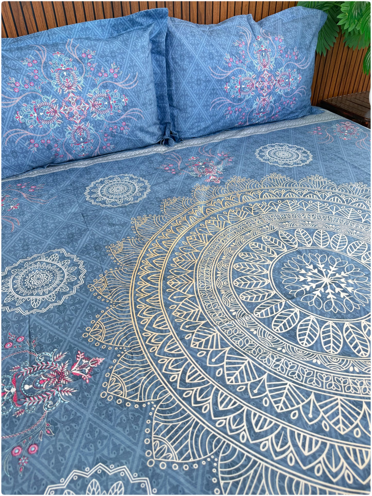 Ethnic Fine Printed Super King Size Bedsheet - 300TC - Light Blue