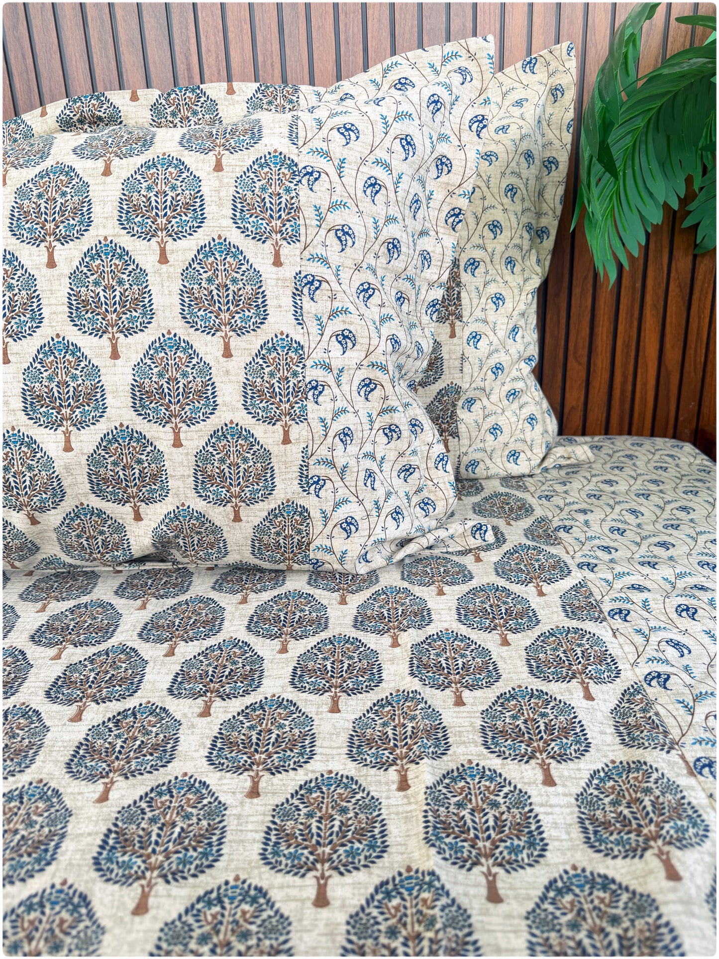 Ethnic Premium Queen Size Bedsheet - Beige & Navy