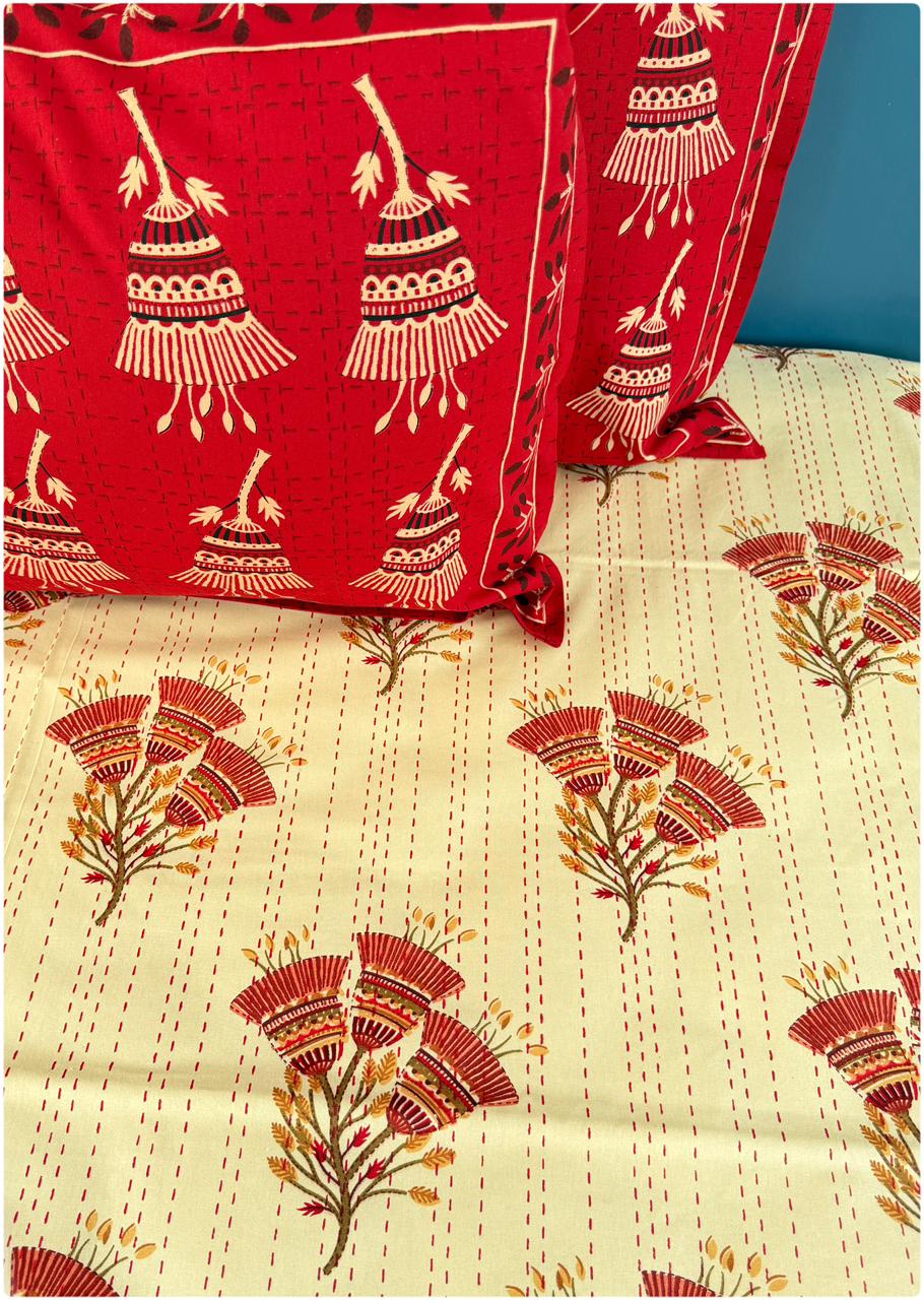 Royal Ethnic Cream Red –150 TC Luxury Bed Cover