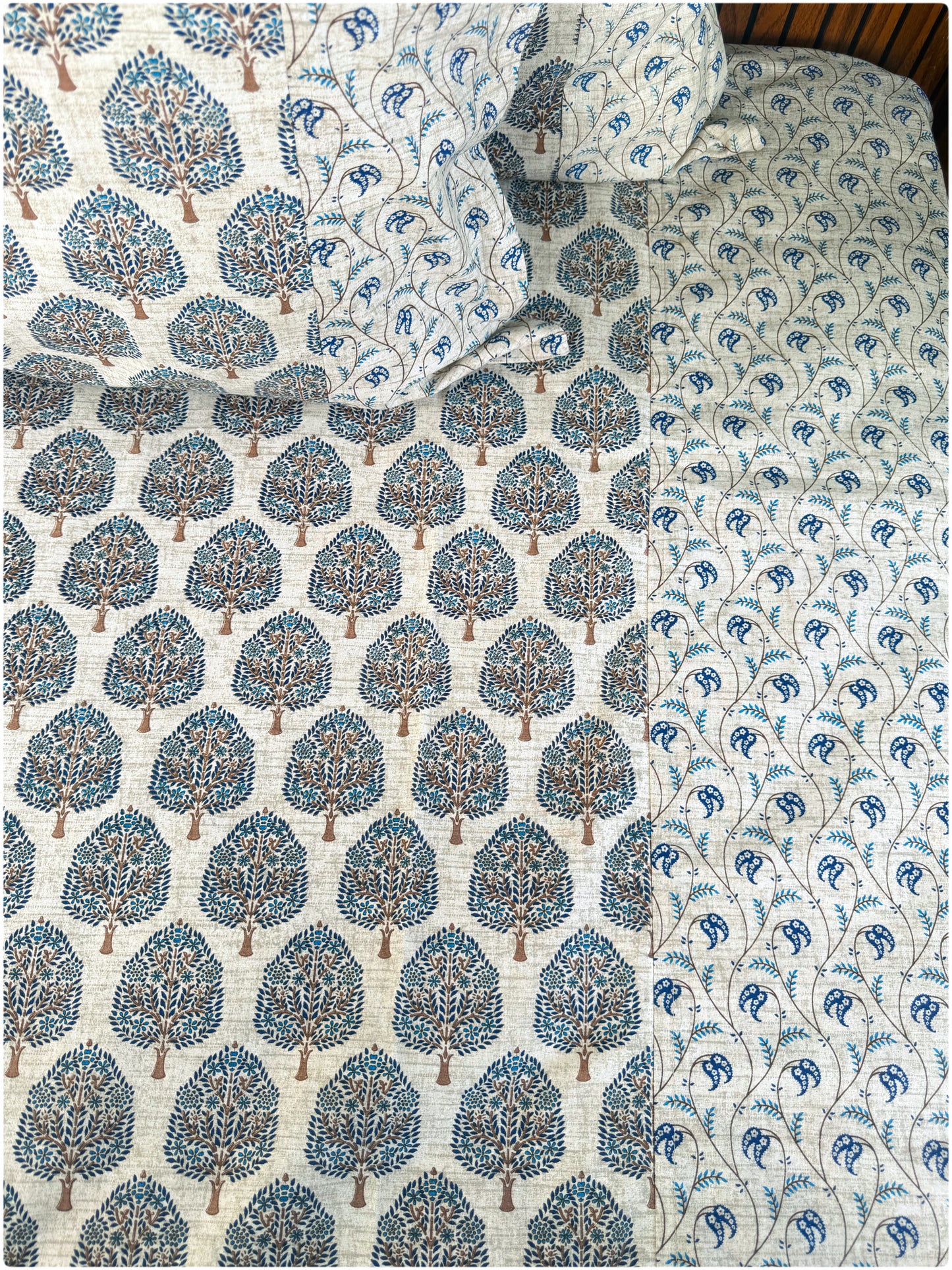 Ethnic Premium Queen Size Bedsheet - Beige & Navy