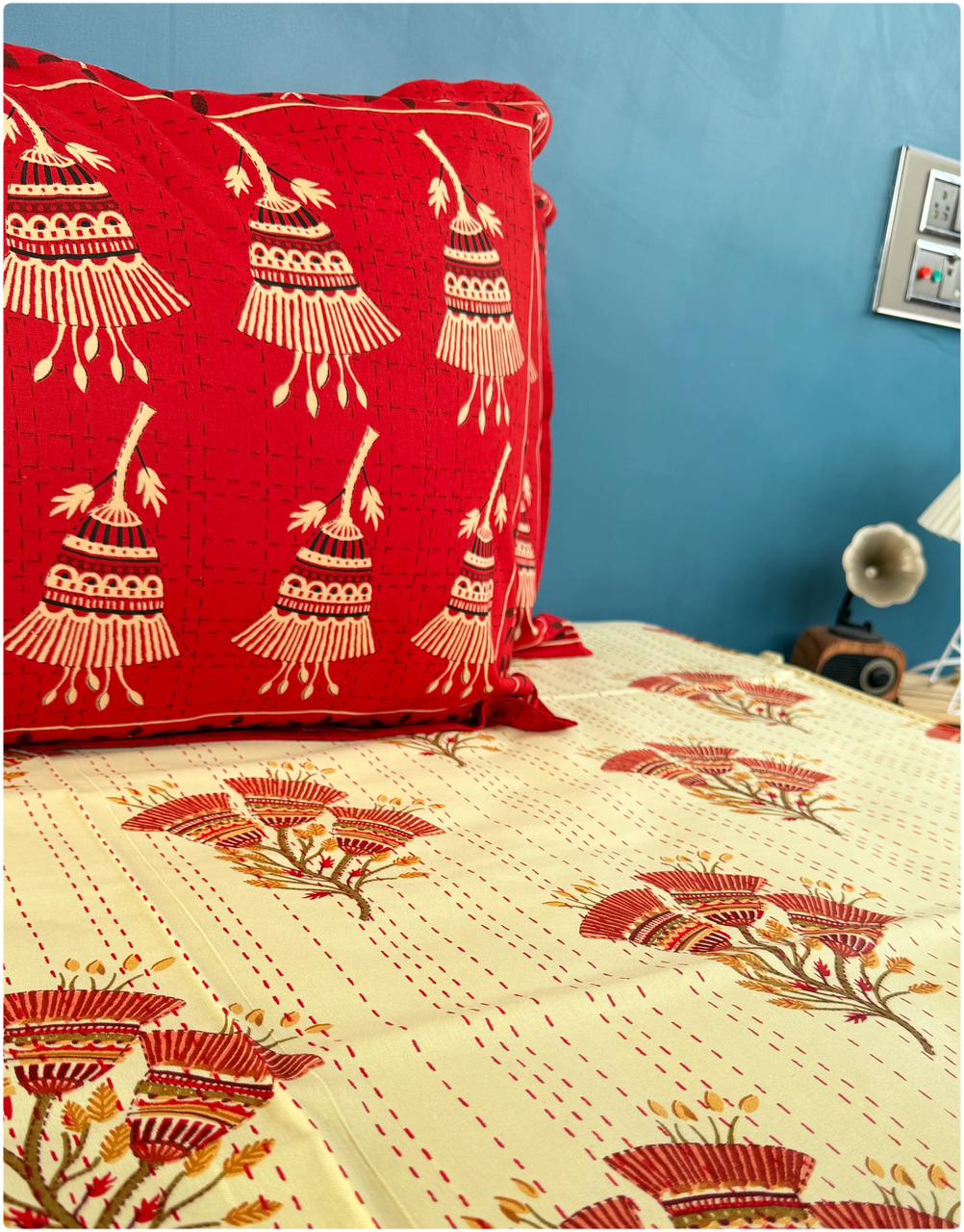 Royal Ethnic Cream Red –150 TC Luxury Bed Cover