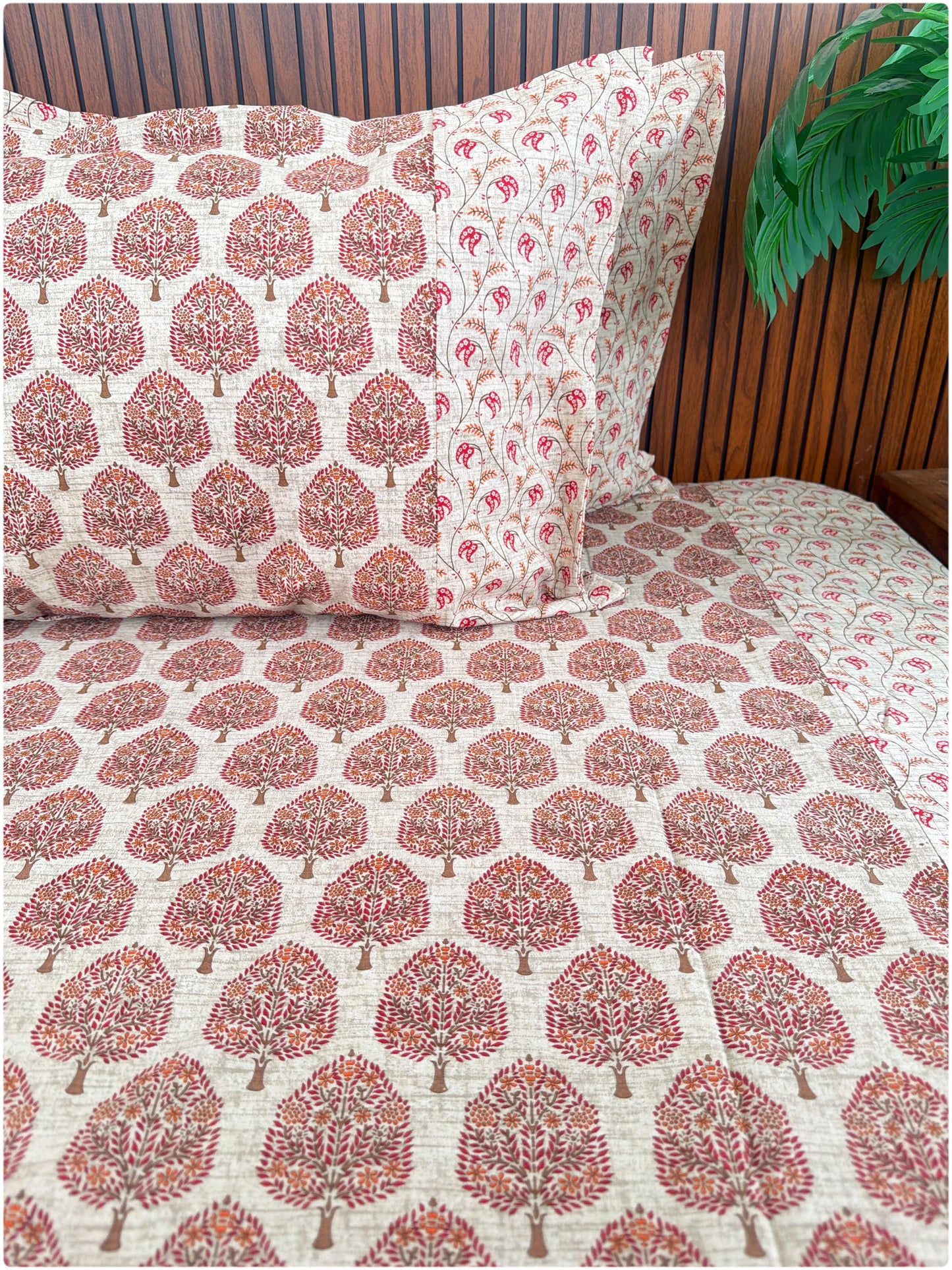 Ethnic Premium Queen Size Bedsheet - Beige & Maroon