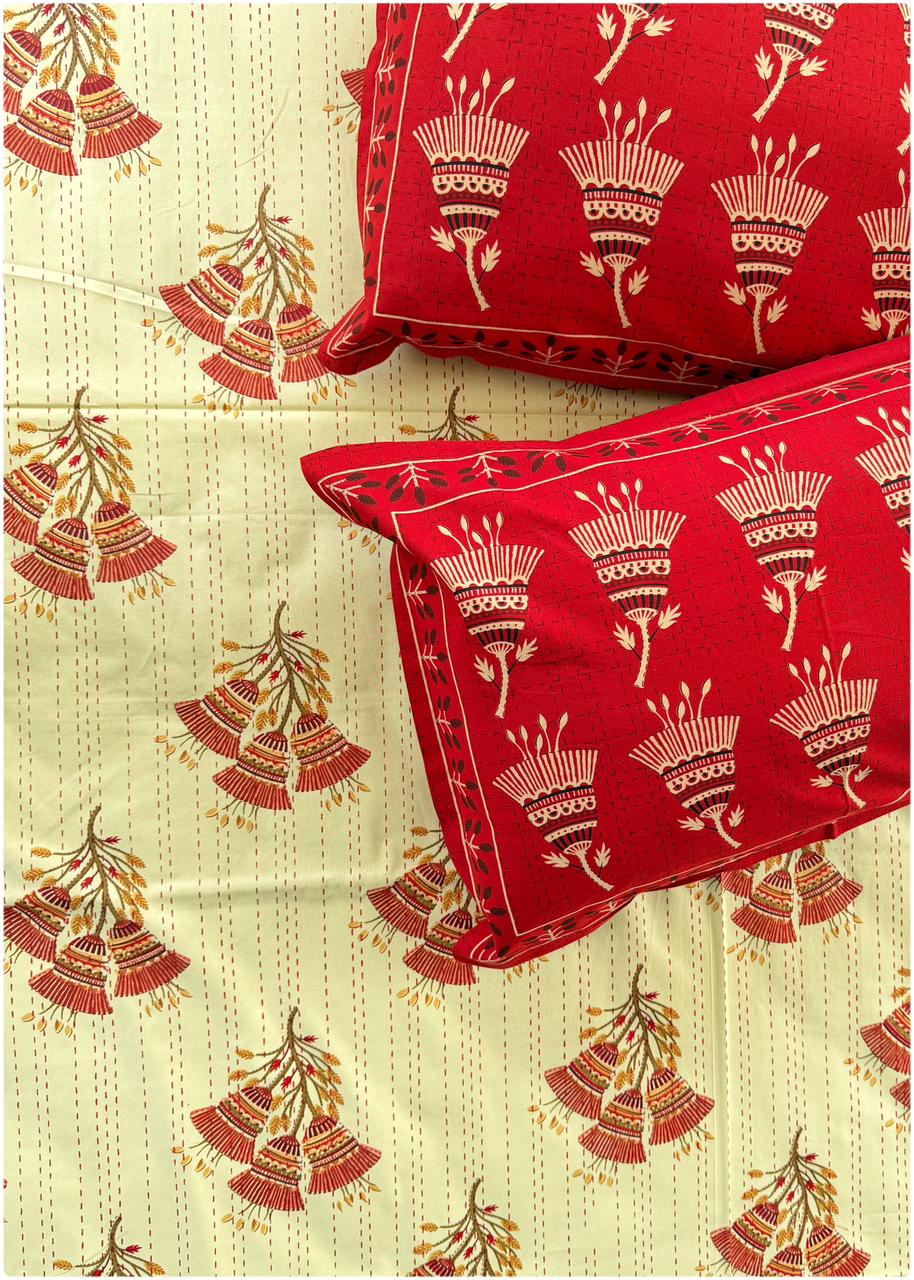 Royal Ethnic Cream Red –150 TC Luxury Bed Cover