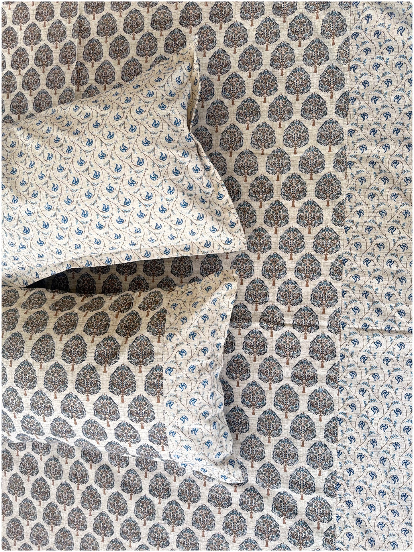 Ethnic Premium Queen Size Bedsheet - Beige & Navy