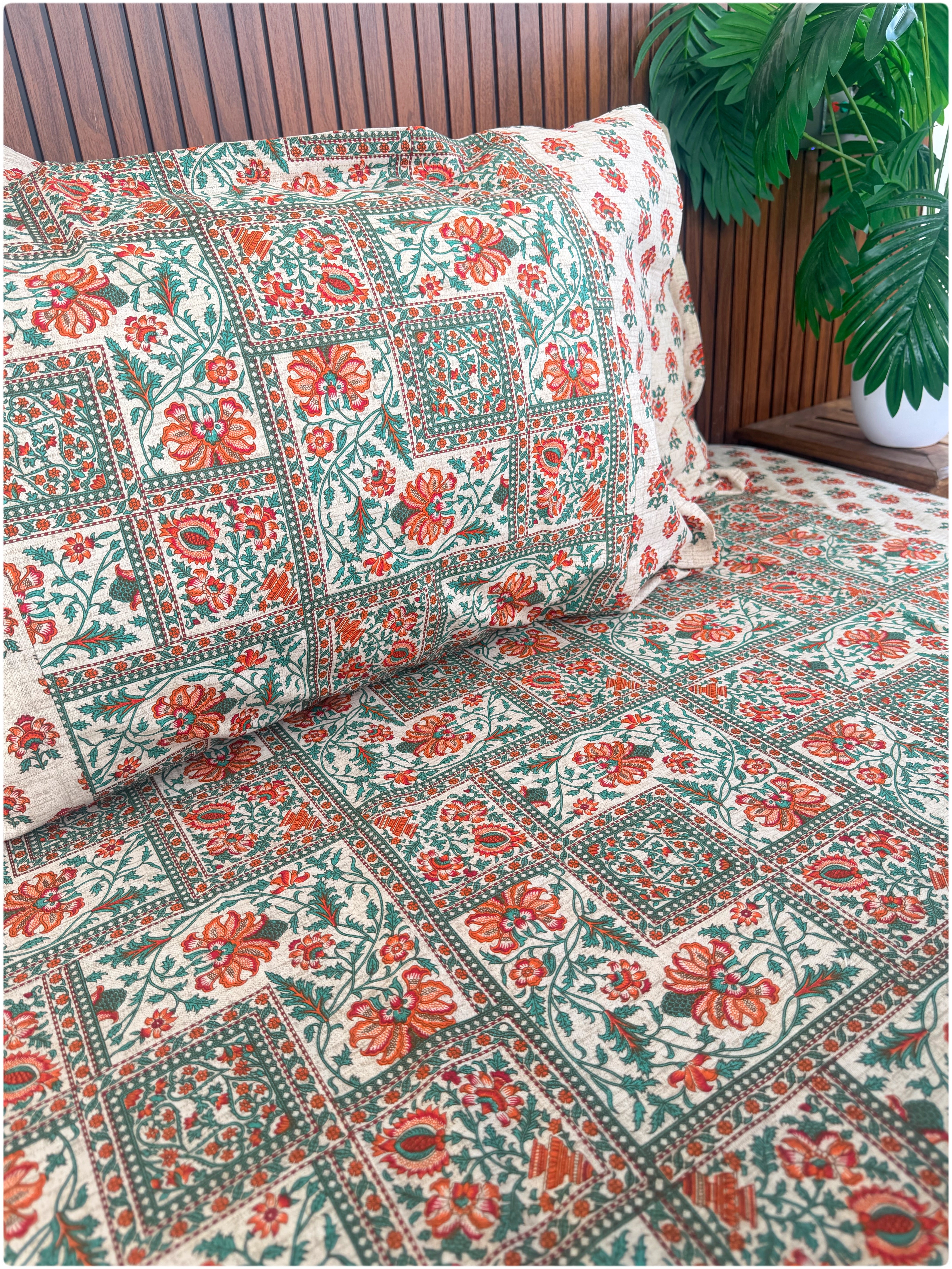 Ethnic Premium Queen Size Bedsheet - Cream & Orange
