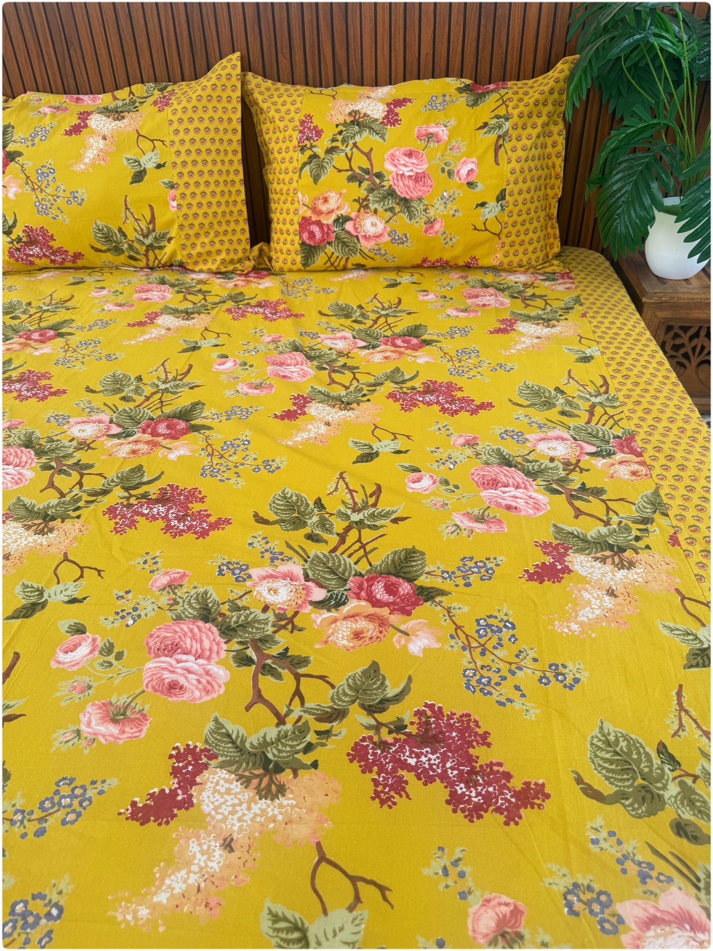 Ethnic Premium Queen Size Bedsheet - Mustard