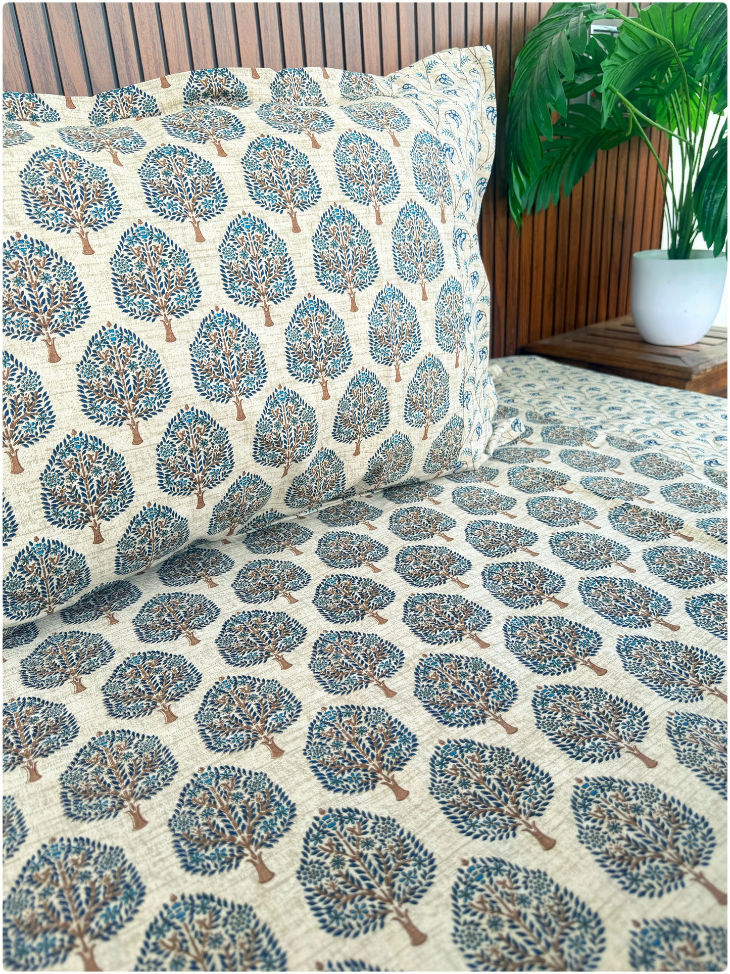 Ethnic Premium Queen Size Bedsheet - Beige & Navy