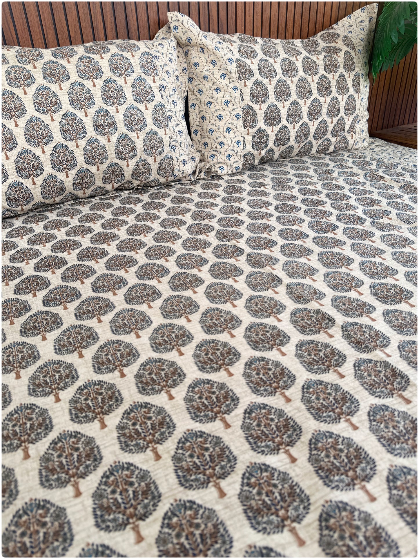 Ethnic Premium Queen Size Bedsheet - Beige & Navy