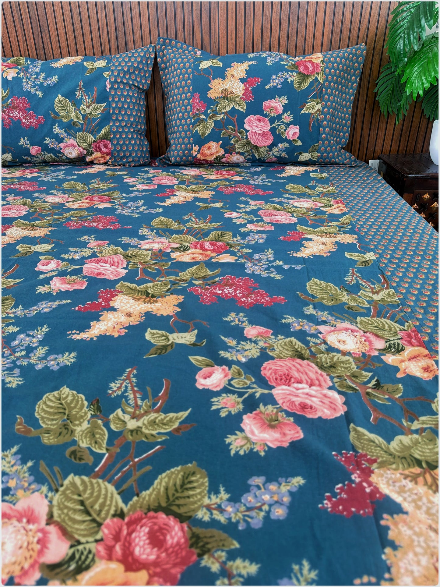 Ethnic Premium Queen Size Bedsheet - Teal Blue