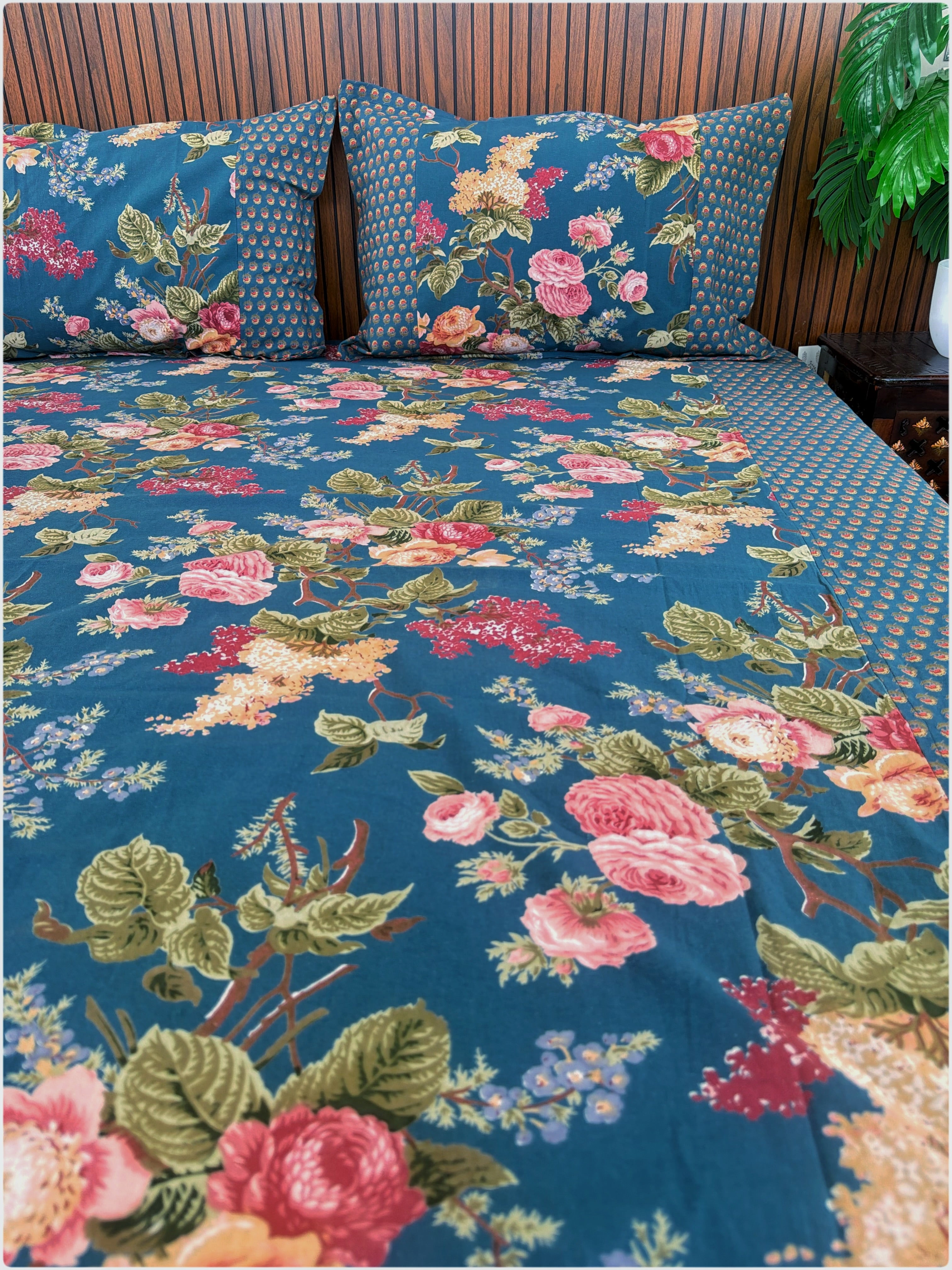 Ethnic Premium Queen Size Bedsheet - Teal Blue
