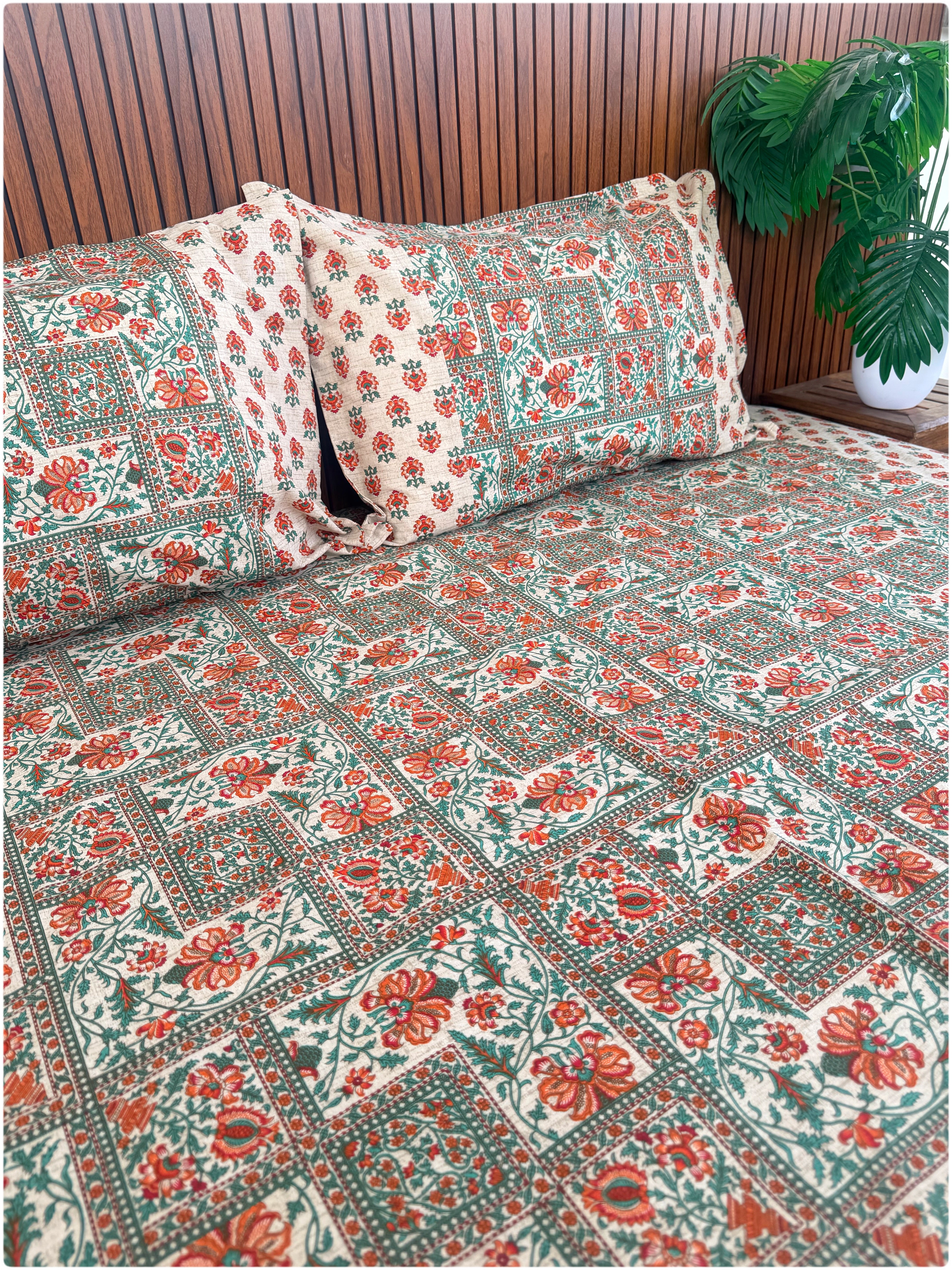 Ethnic Premium Queen Size Bedsheet - Cream & Orange