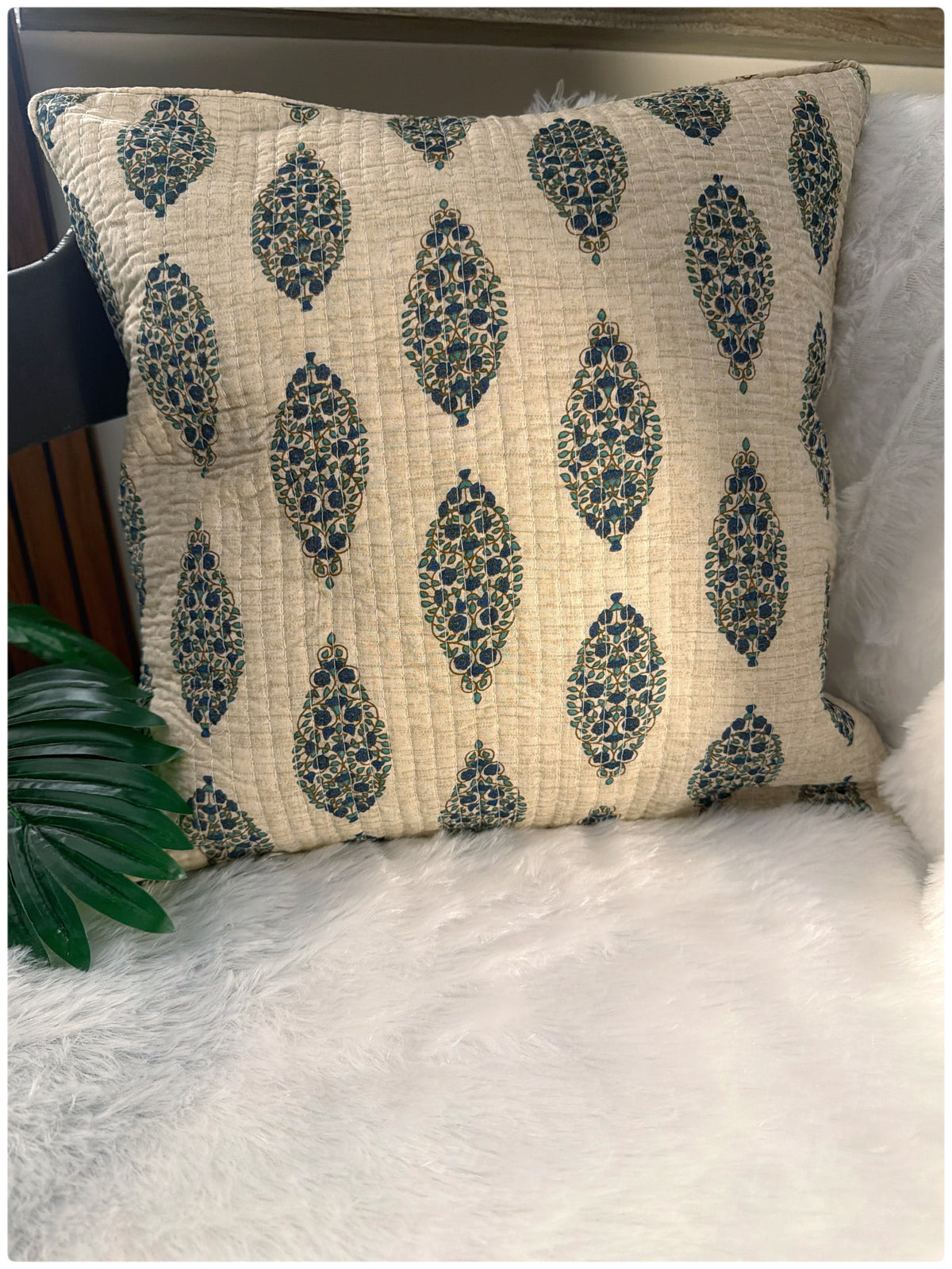 Beige & Navy AOP Quilted Cushion Cover