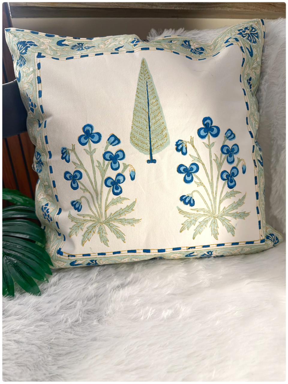 Blue & Sage Handblock Cushion Cover
