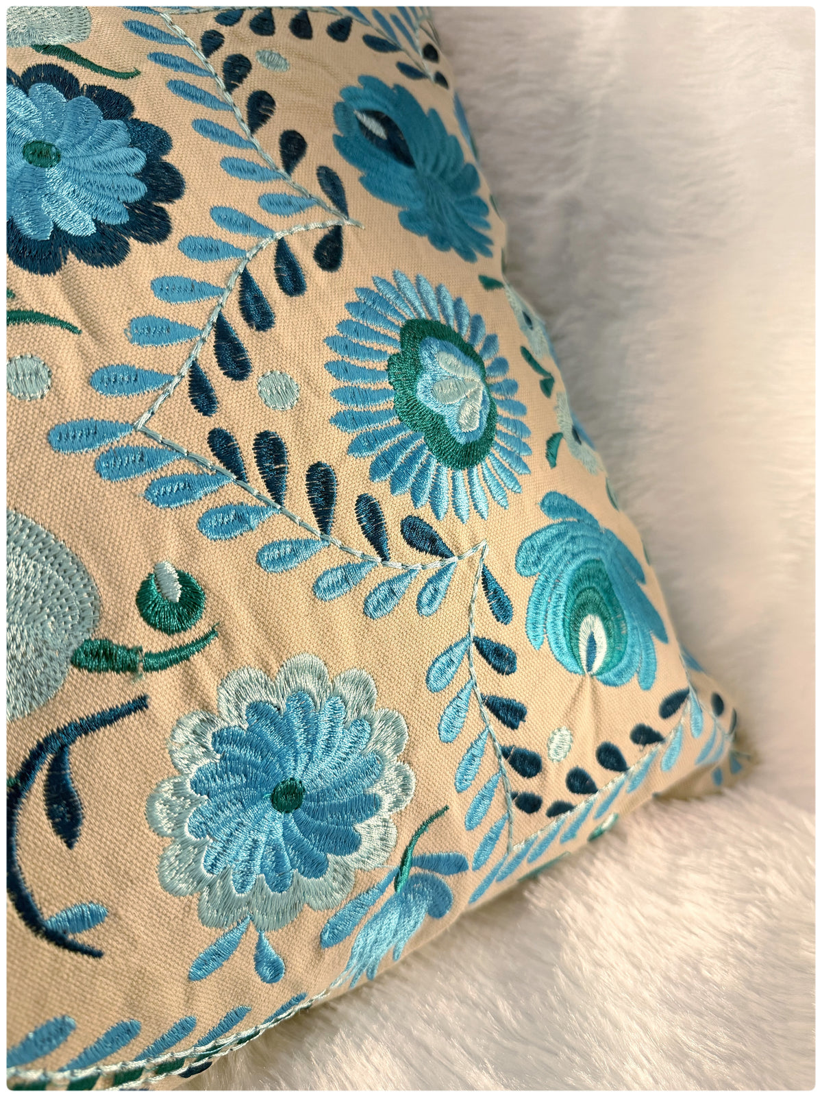 Beige & Aqua Embroidered Cushion Cover