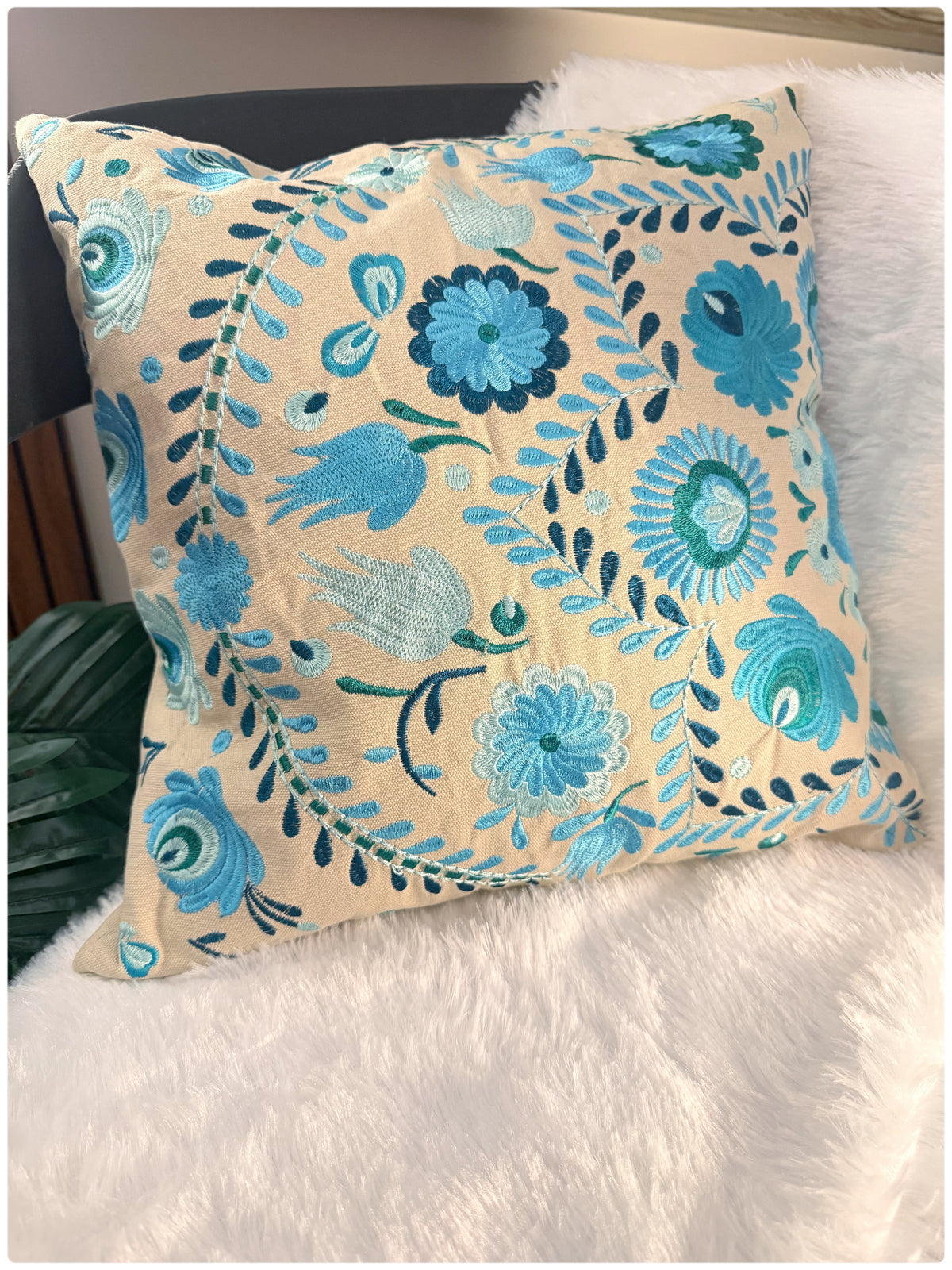 Beige & Aqua Embroidered Cushion Cover