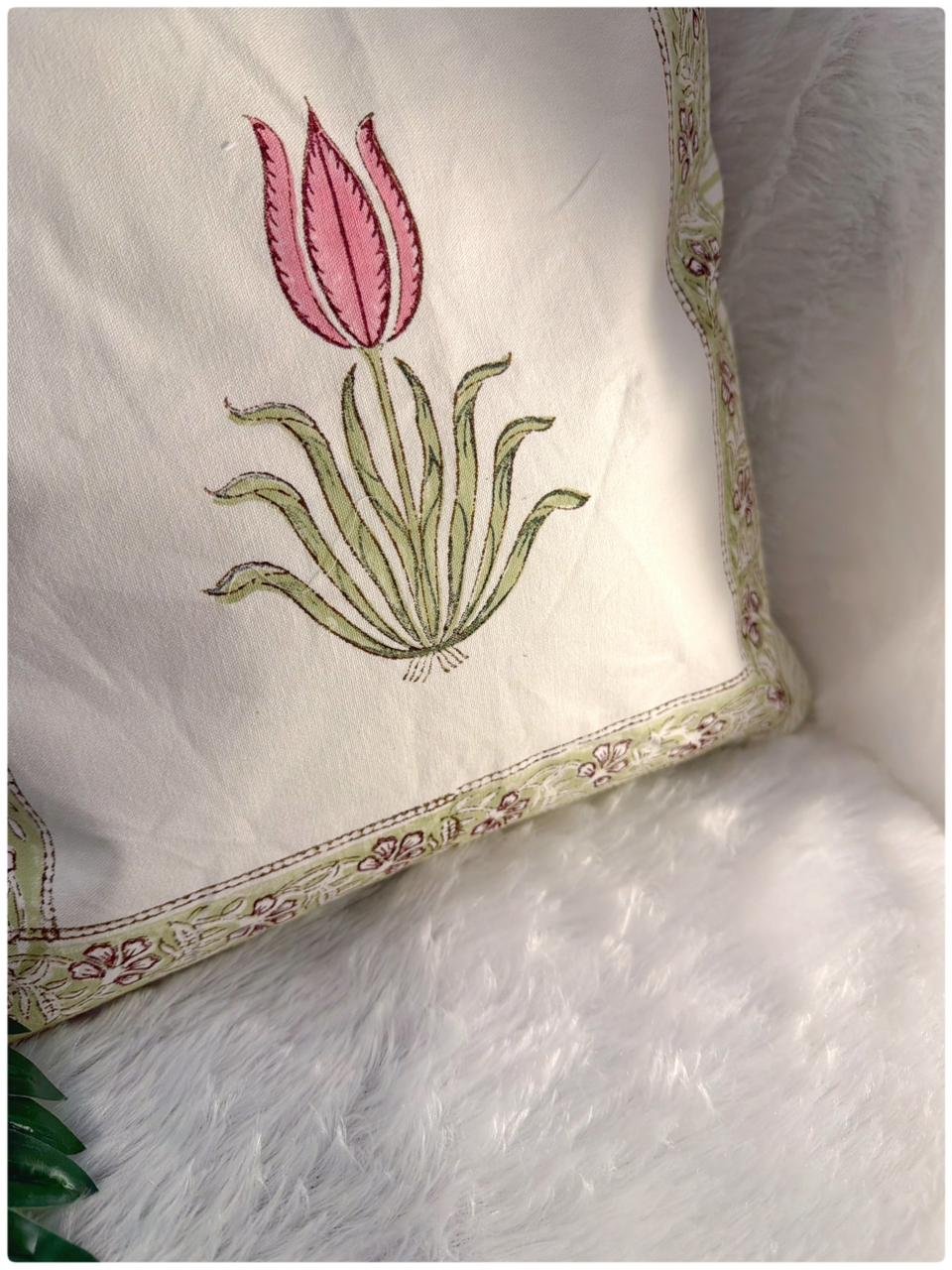 Pink & Light Green Handblock Cushion Cover