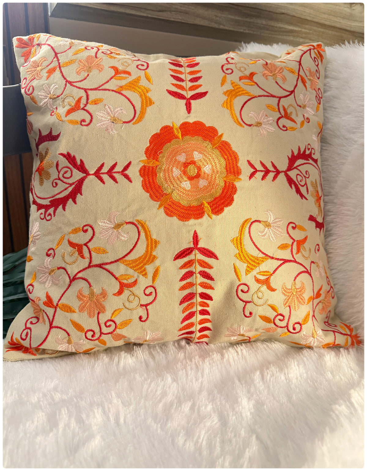 Beige & Orange Embroidered Cushion Cover