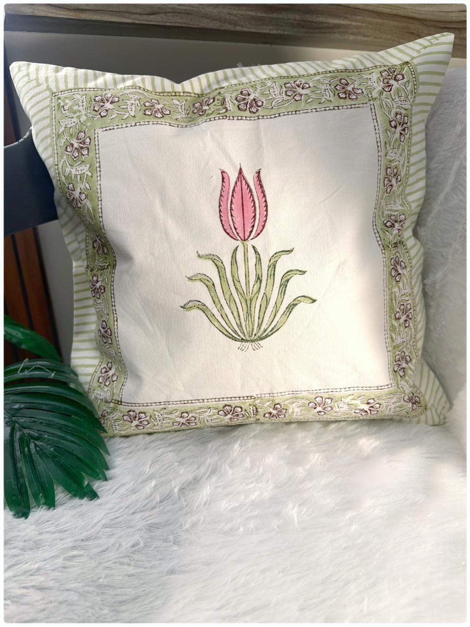 Pink & Light Green Handblock Cushion Cover