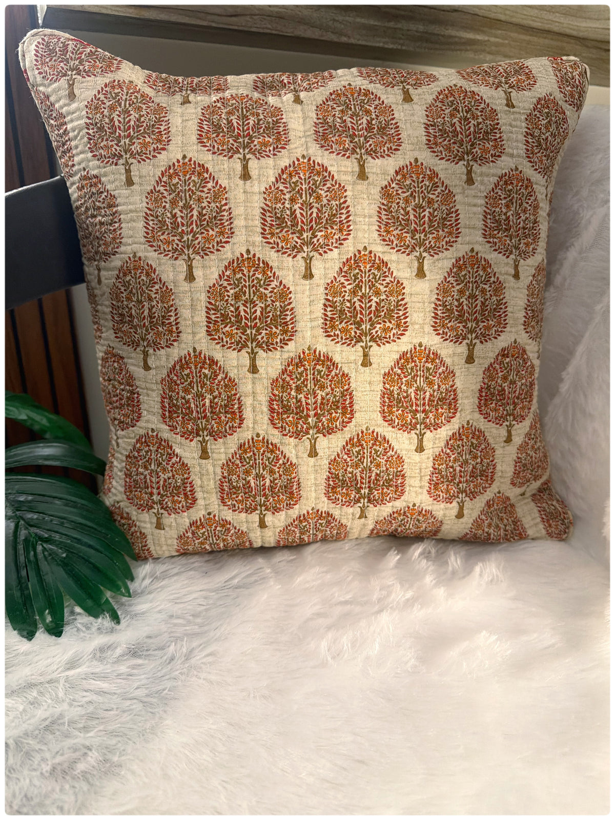 Beige & Red AOP Quilted Cushion Cover