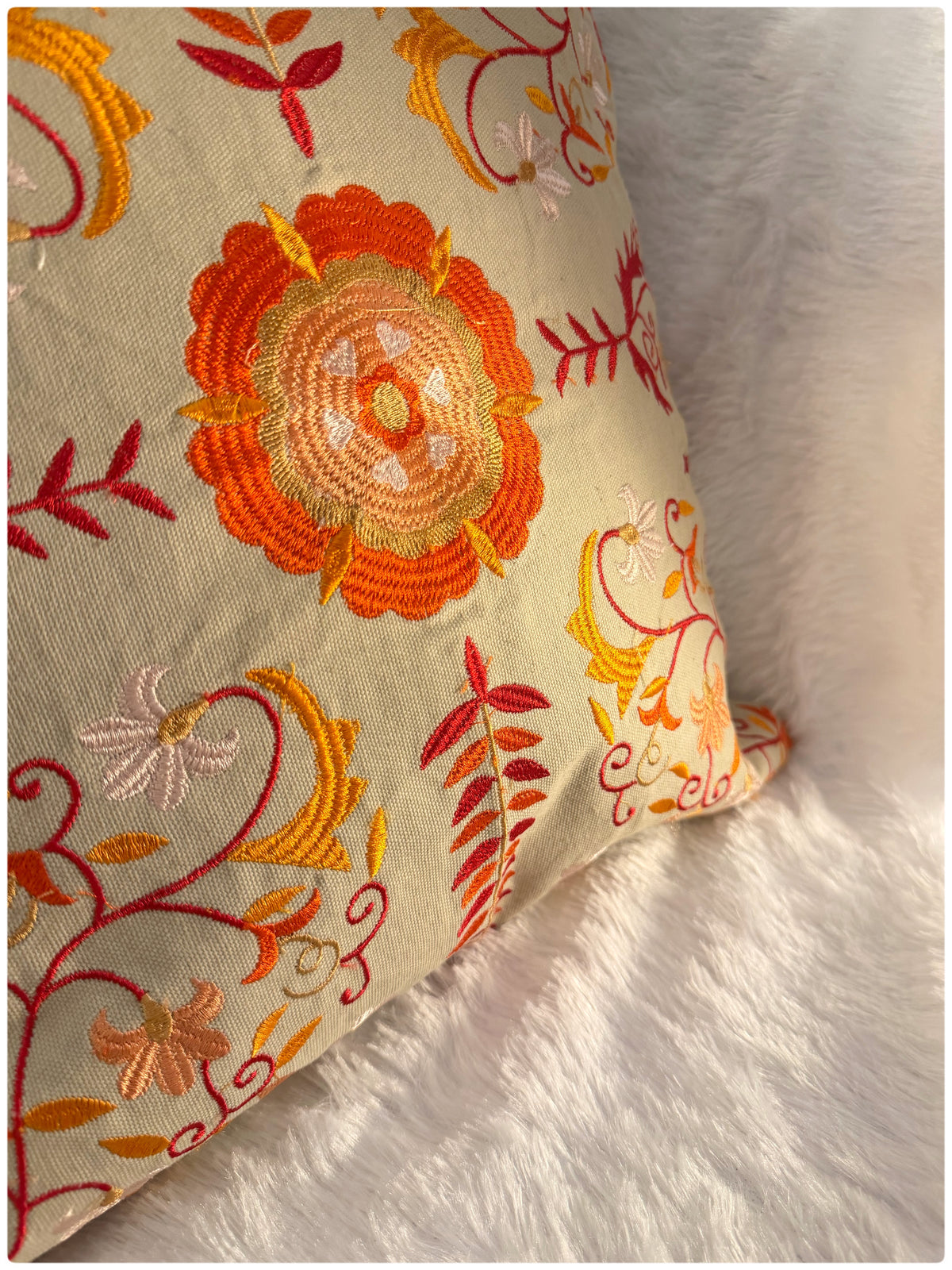 Beige & Orange Embroidered Cushion Cover