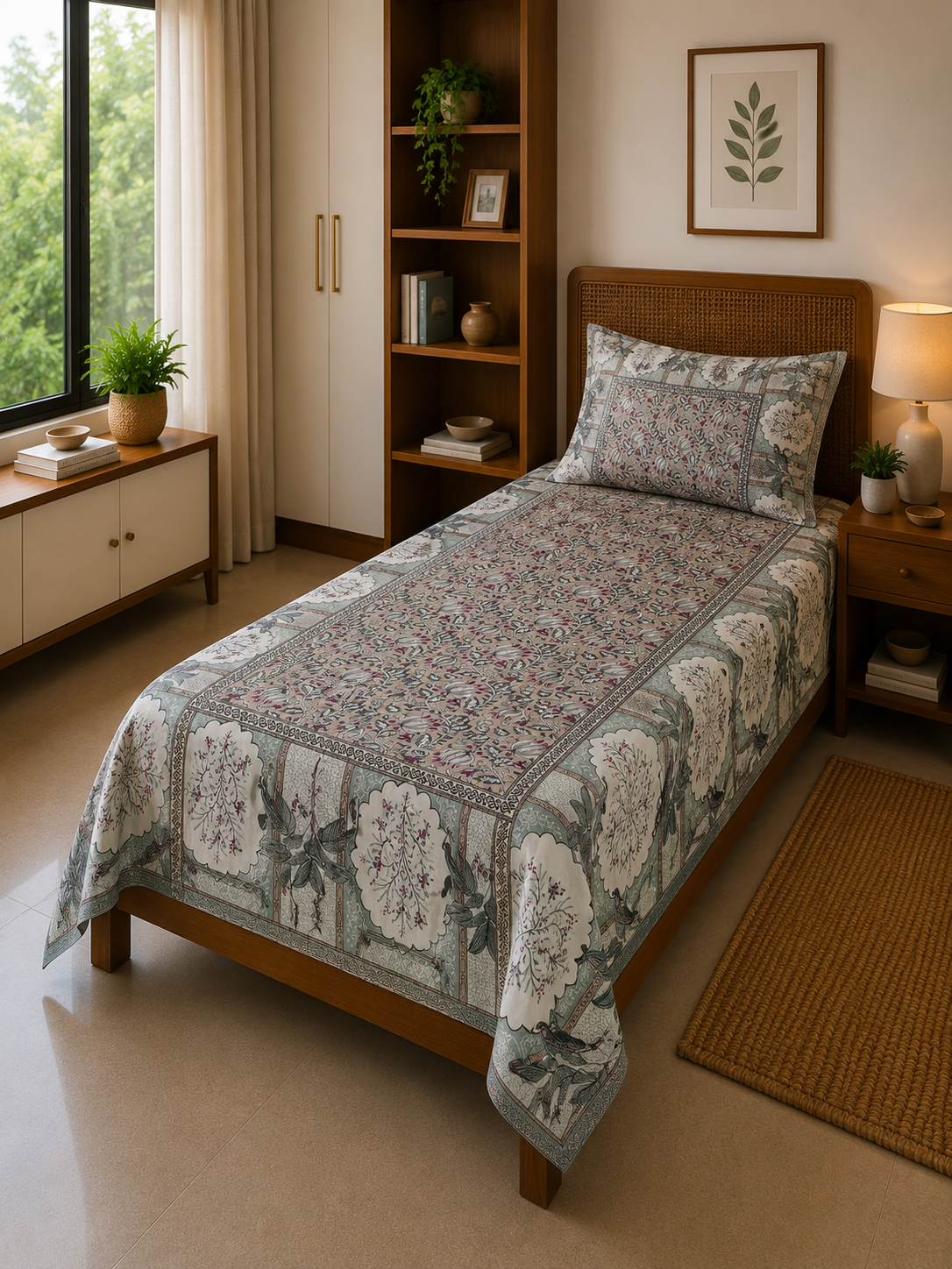 Ethnic Motif Premium Single Bedsheet - Nude Pink & Mint