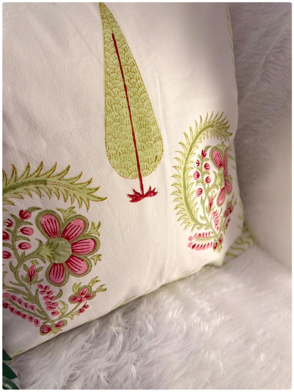 Pink & Green Handblock Cushion Cover