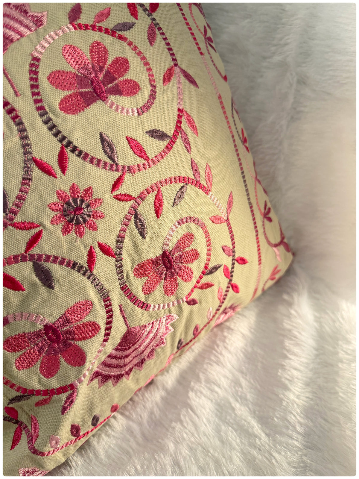 Beige & Pink Embroidered Cushion Cover