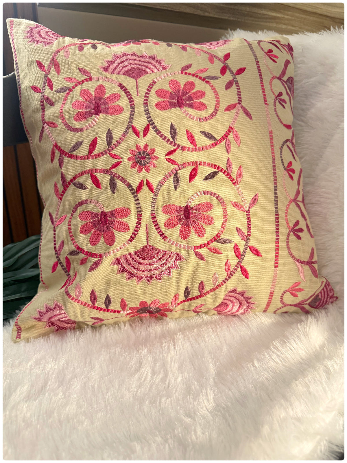 Beige & Pink Embroidered Cushion Cover