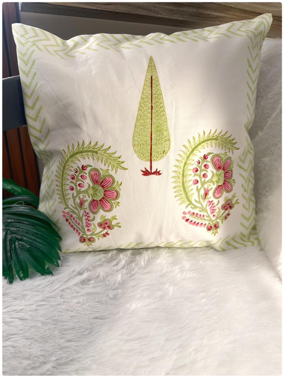 Pink & Green Handblock Cushion Cover