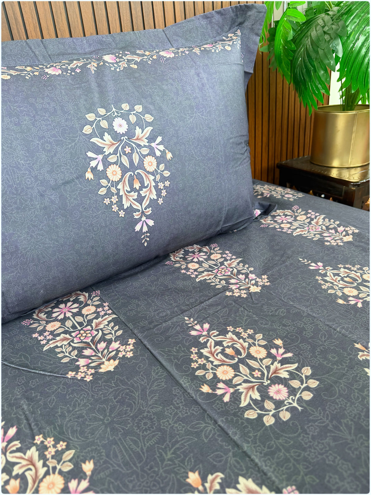Stone Blue Floral Super King Bedsheet