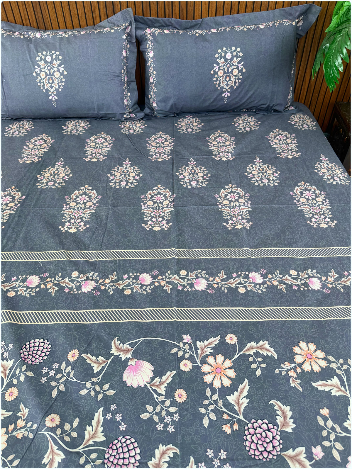 Stone Blue Floral Super King Bedsheet