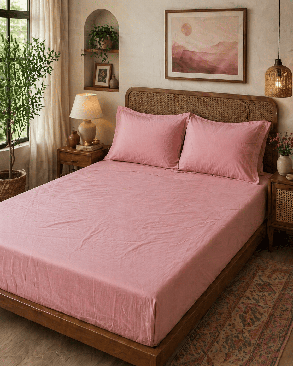 Solid Flamingo Pink – 100% Cotton Bed Sheet Set 300 TC
