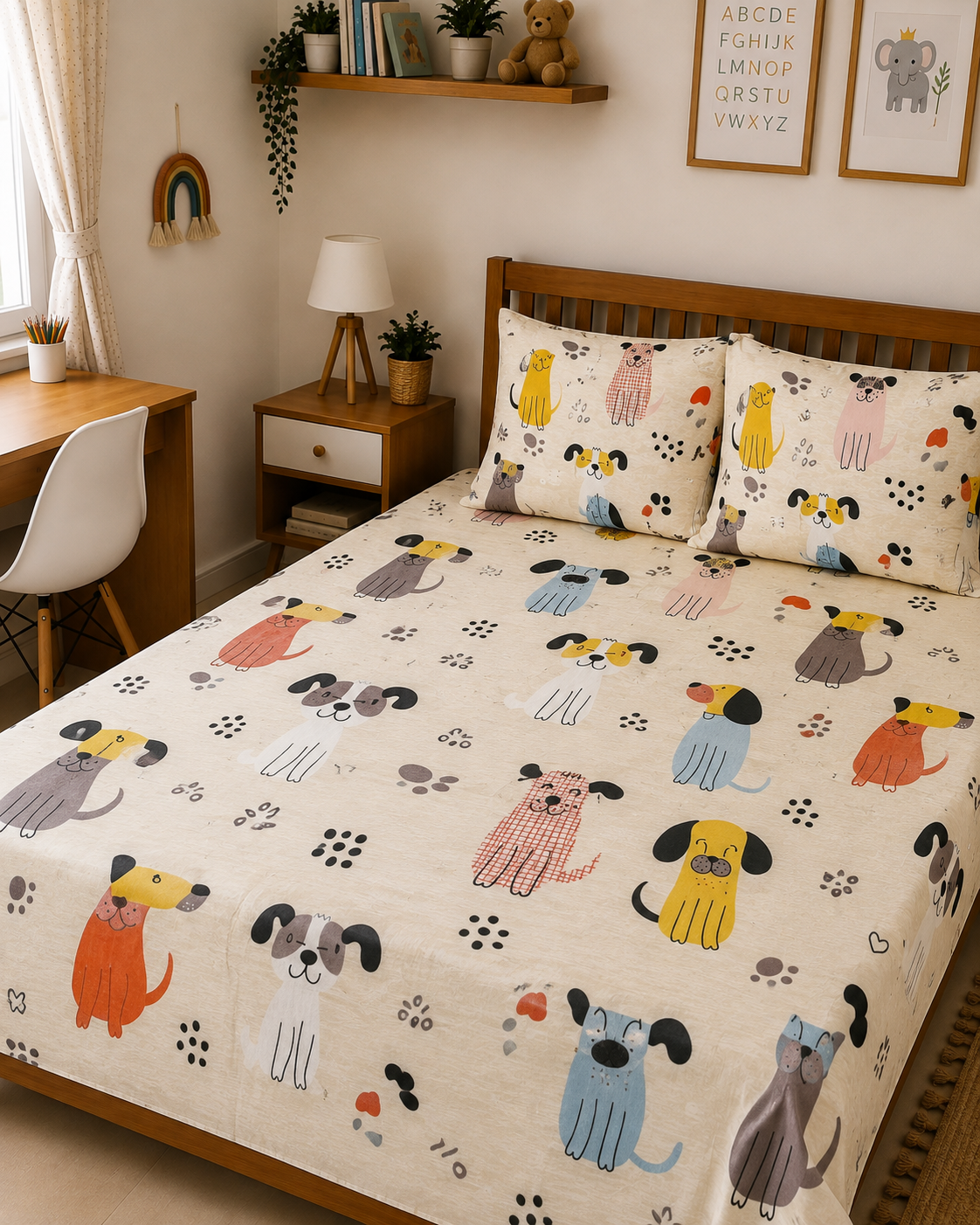 Cream Dog Printed - Kids Bedsheet