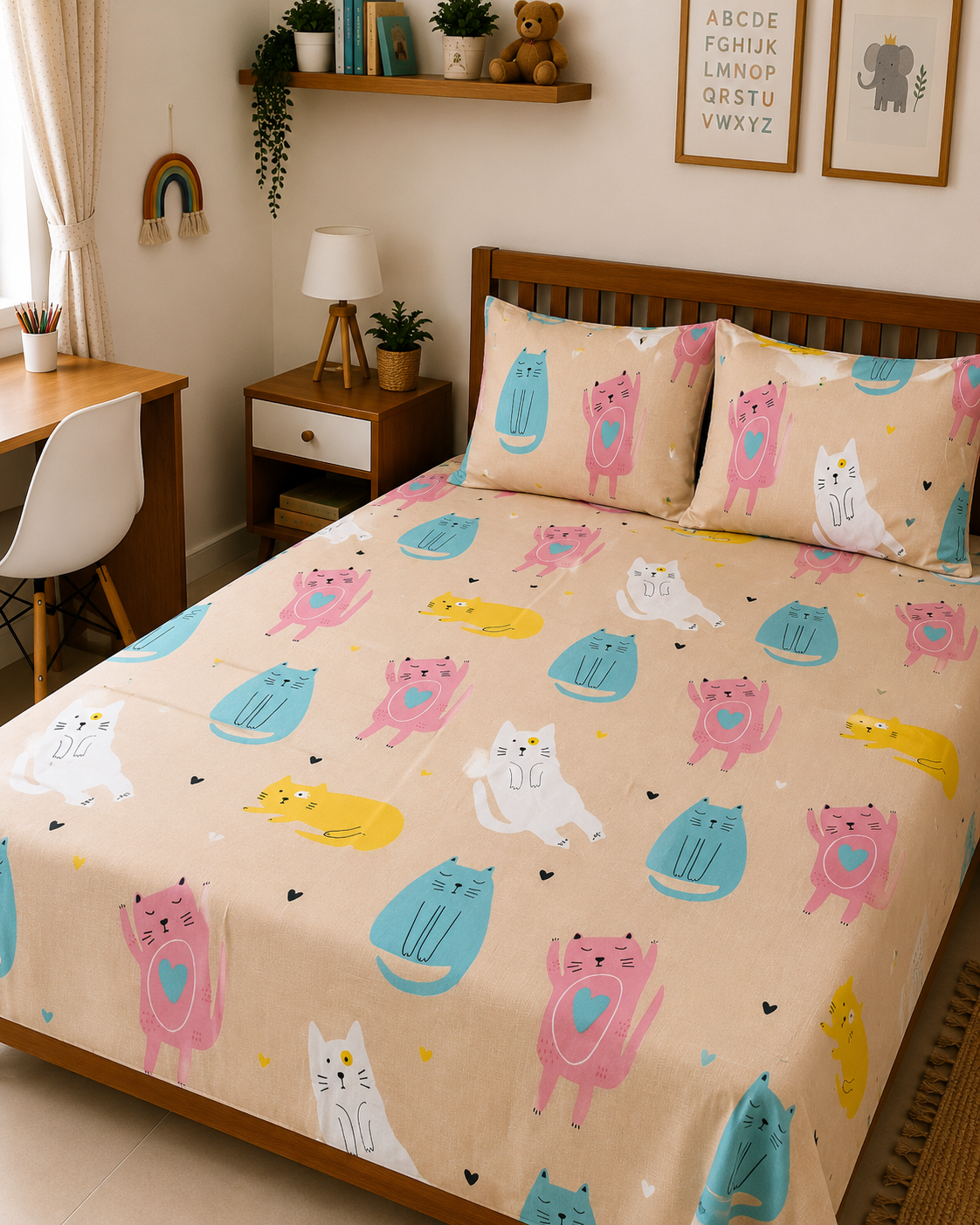 Beige Cat Printed - Kids Bedsheet