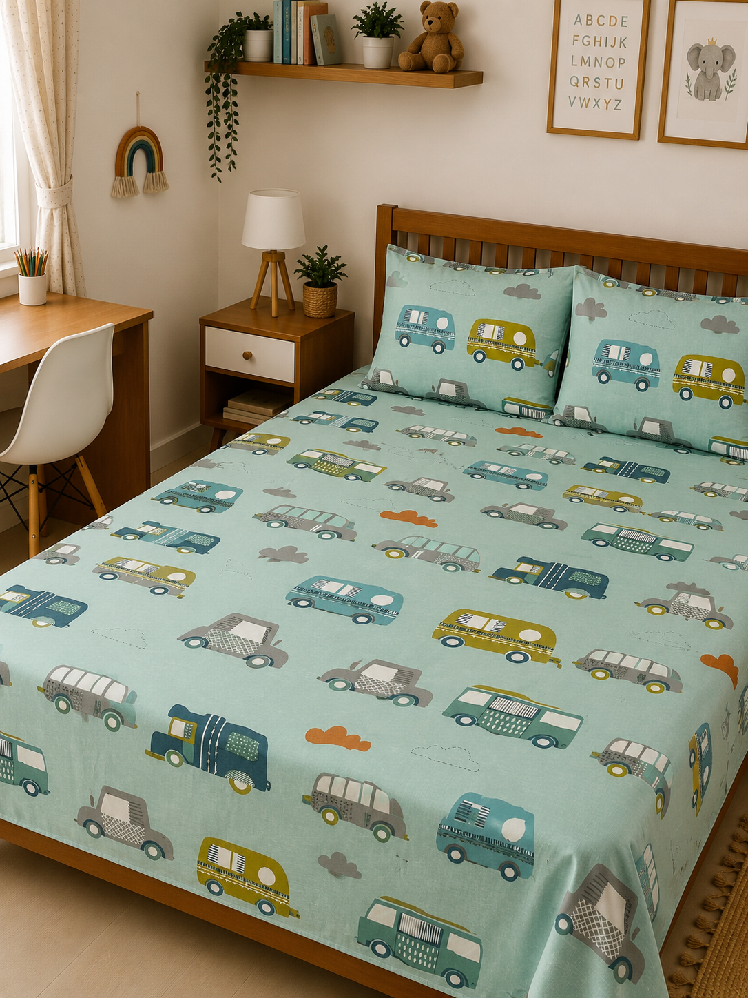 Car Aqua Printed - Kids Bedsheet