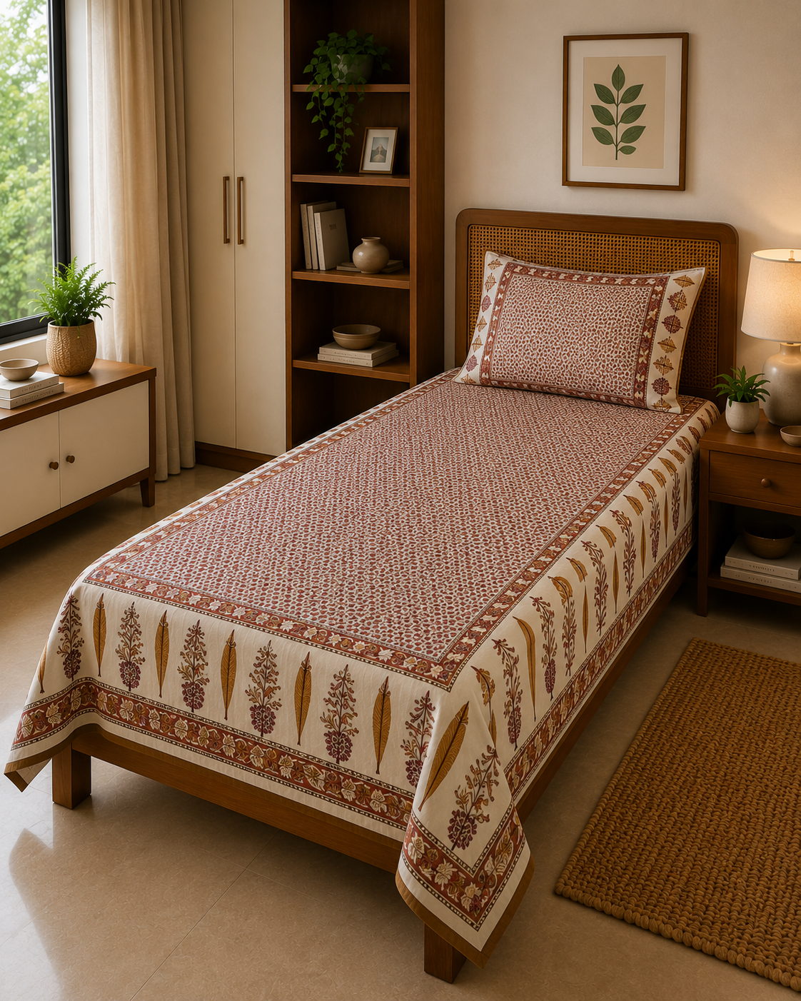 Heritage Printed Single Cotton Bedsheet - Rust