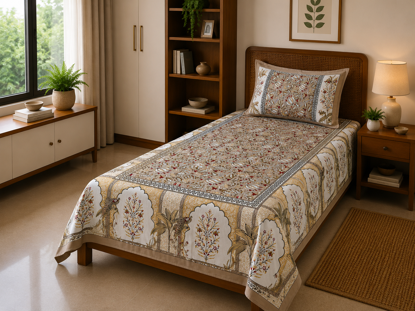 Ethnic Motif Premium Single Bedsheet - Beige & Gold
