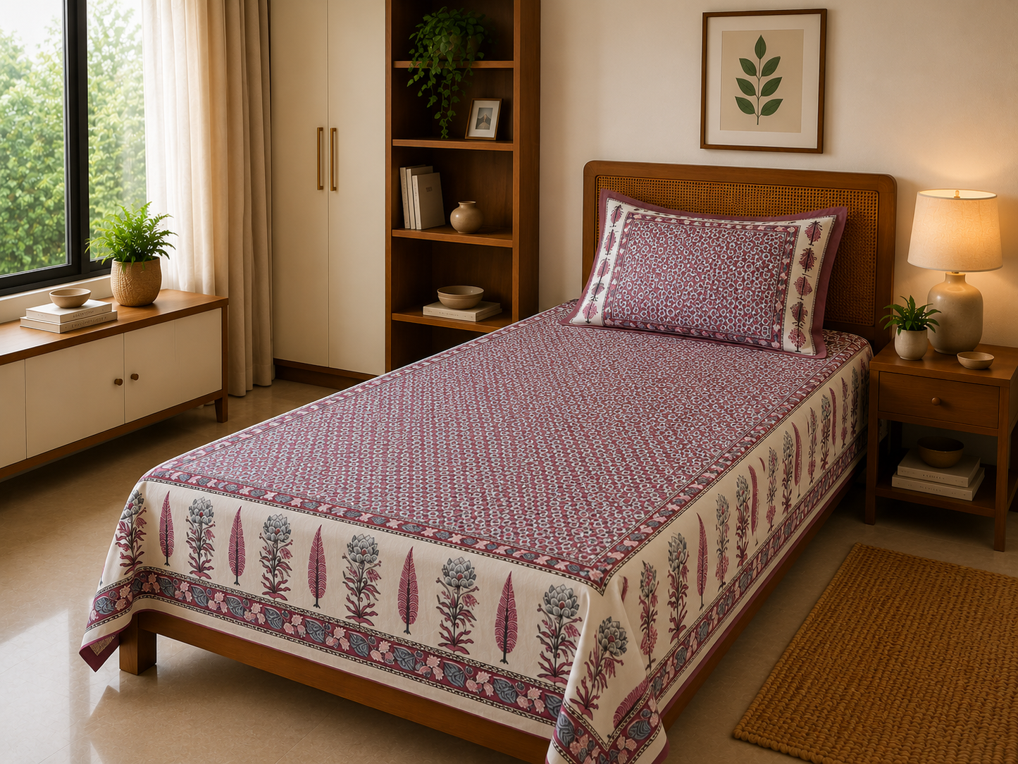 Heritage Printed Single Cotton Bedsheet - Onion