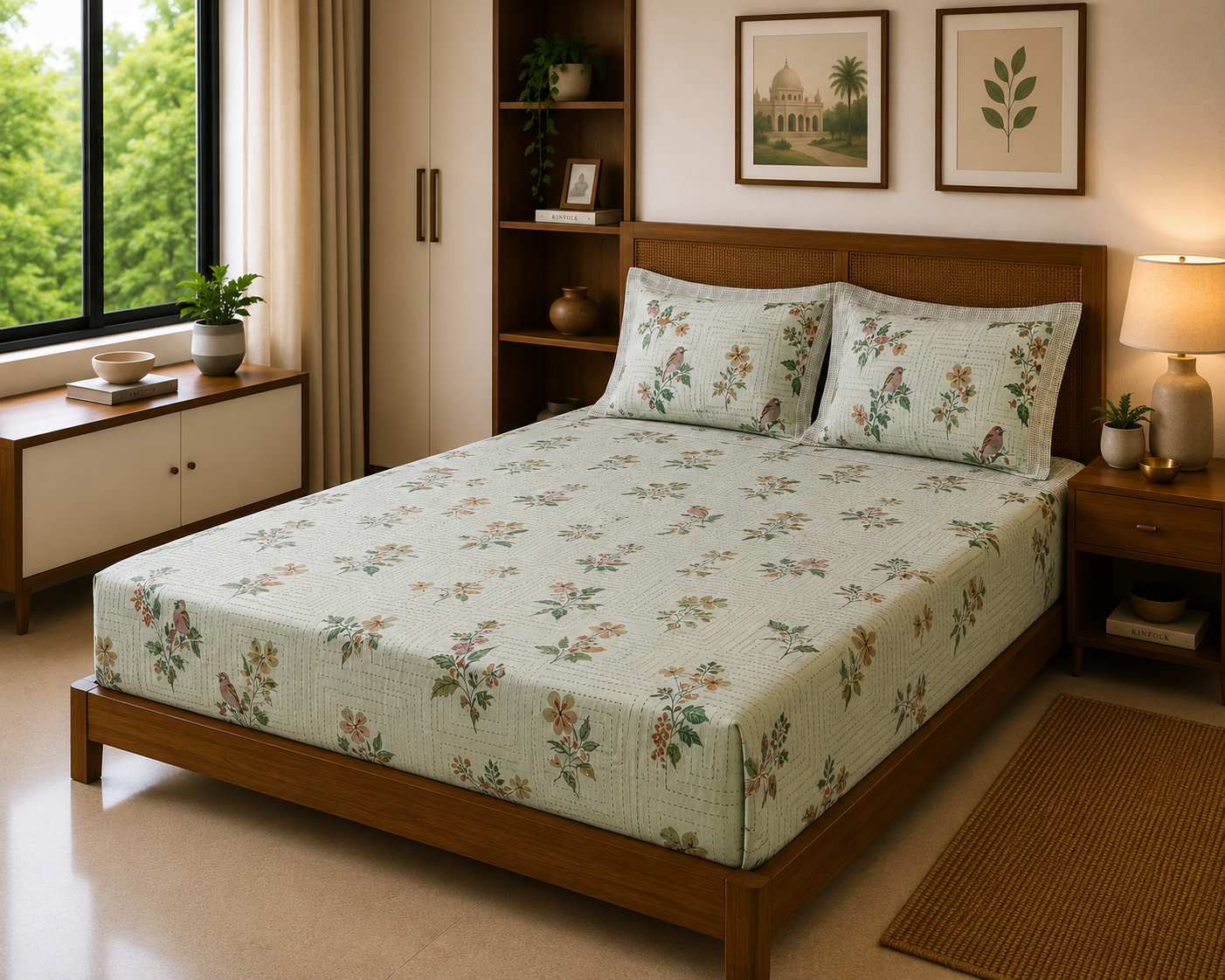 Panchhi Beige Earth – 200 TC Luxe Cotton Bed Sheet