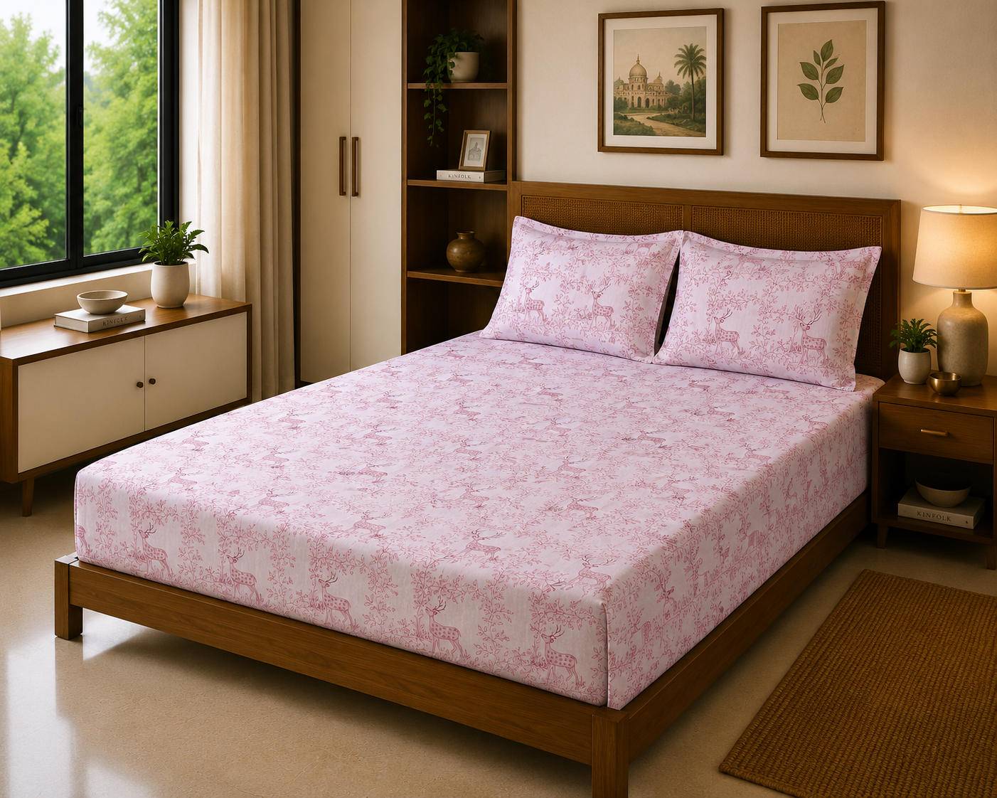 Mrig Pink Forest – 200 TC Luxe Cotton Bed Sheet