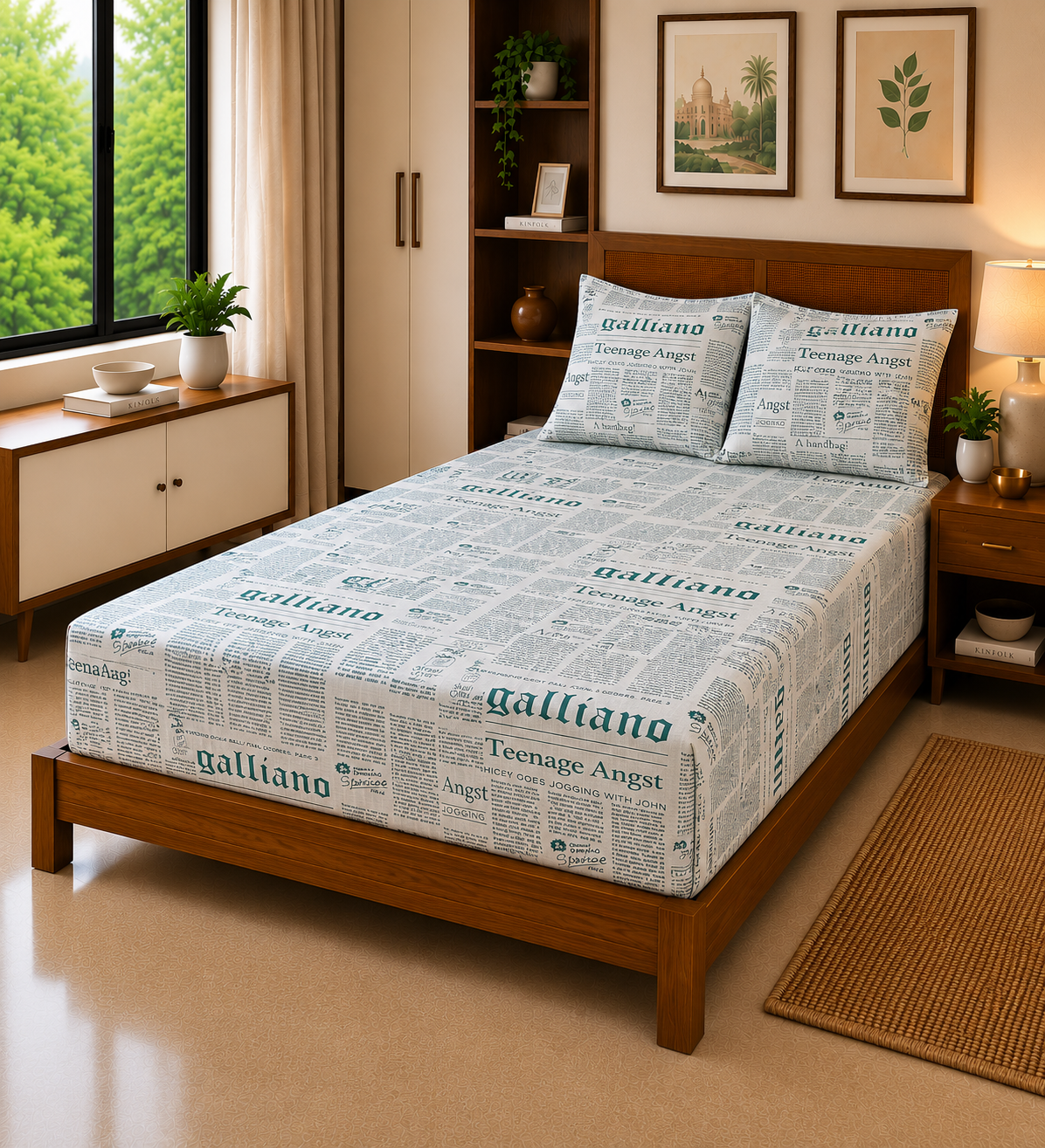 Vintage Newspaper Green – Premium Bed Sheet 300 TC