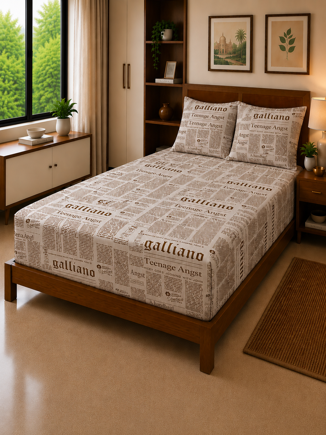 Classic Newspaper Brown – 100% Cotton Bed Sheet Set 300 TC
