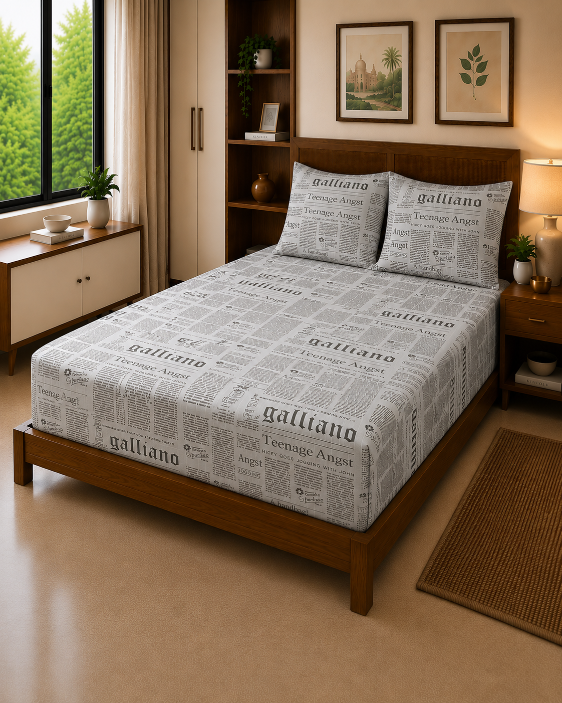 Grey Newspaper Print – Luxe Bed Sheet 300 TC