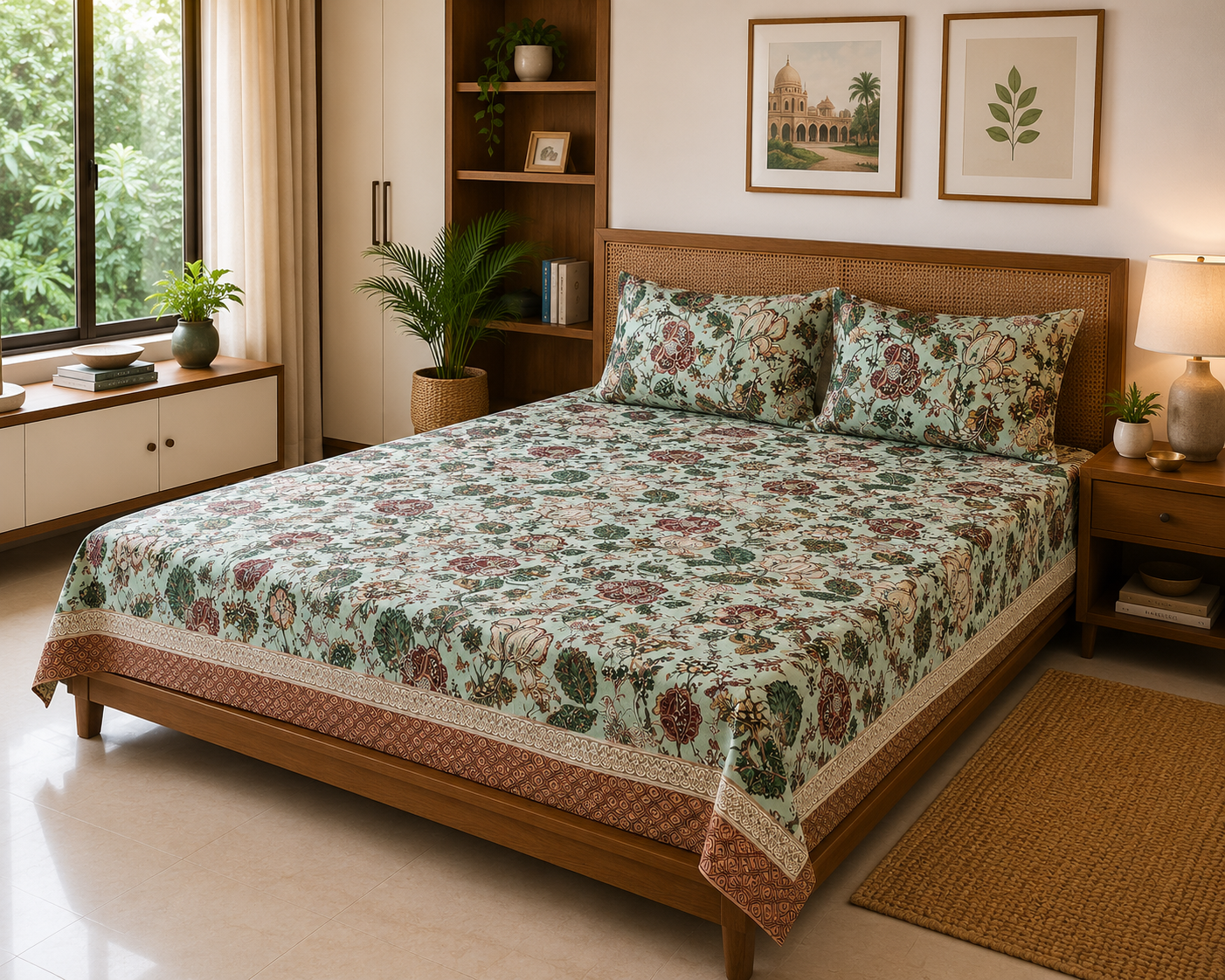 Floral Mint Dusty Rose – 180 TC Premium Bed Sheet Set