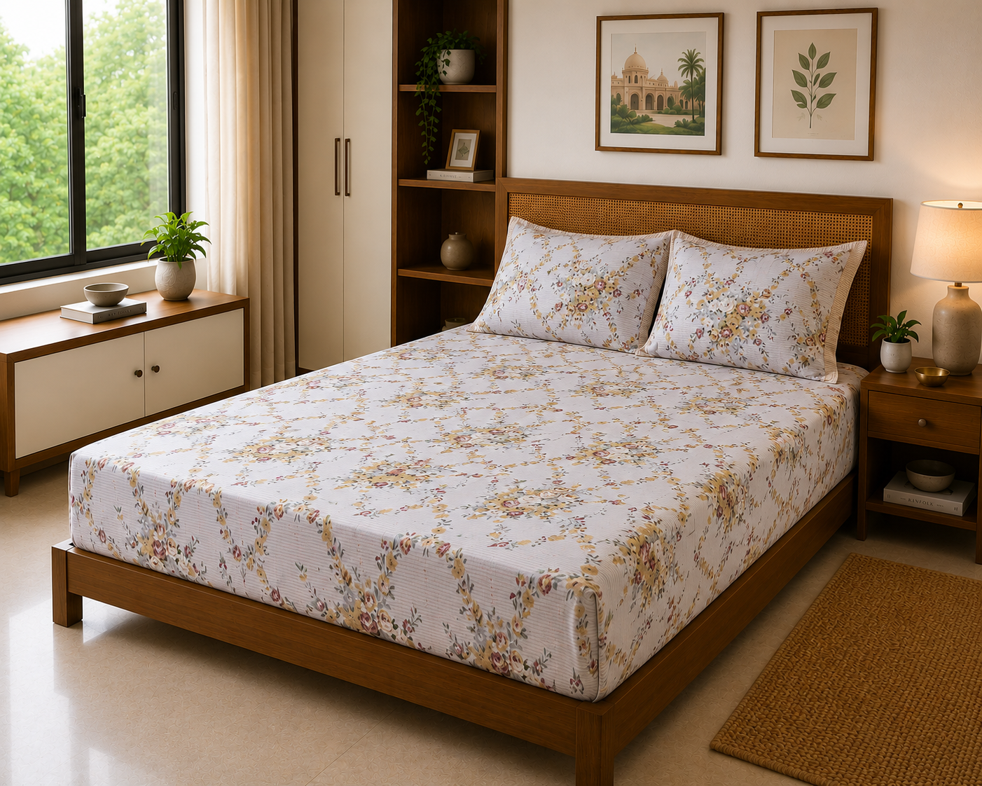 Floral Beige Soft – 100% Cotton Bed Sheet Set 200 TC