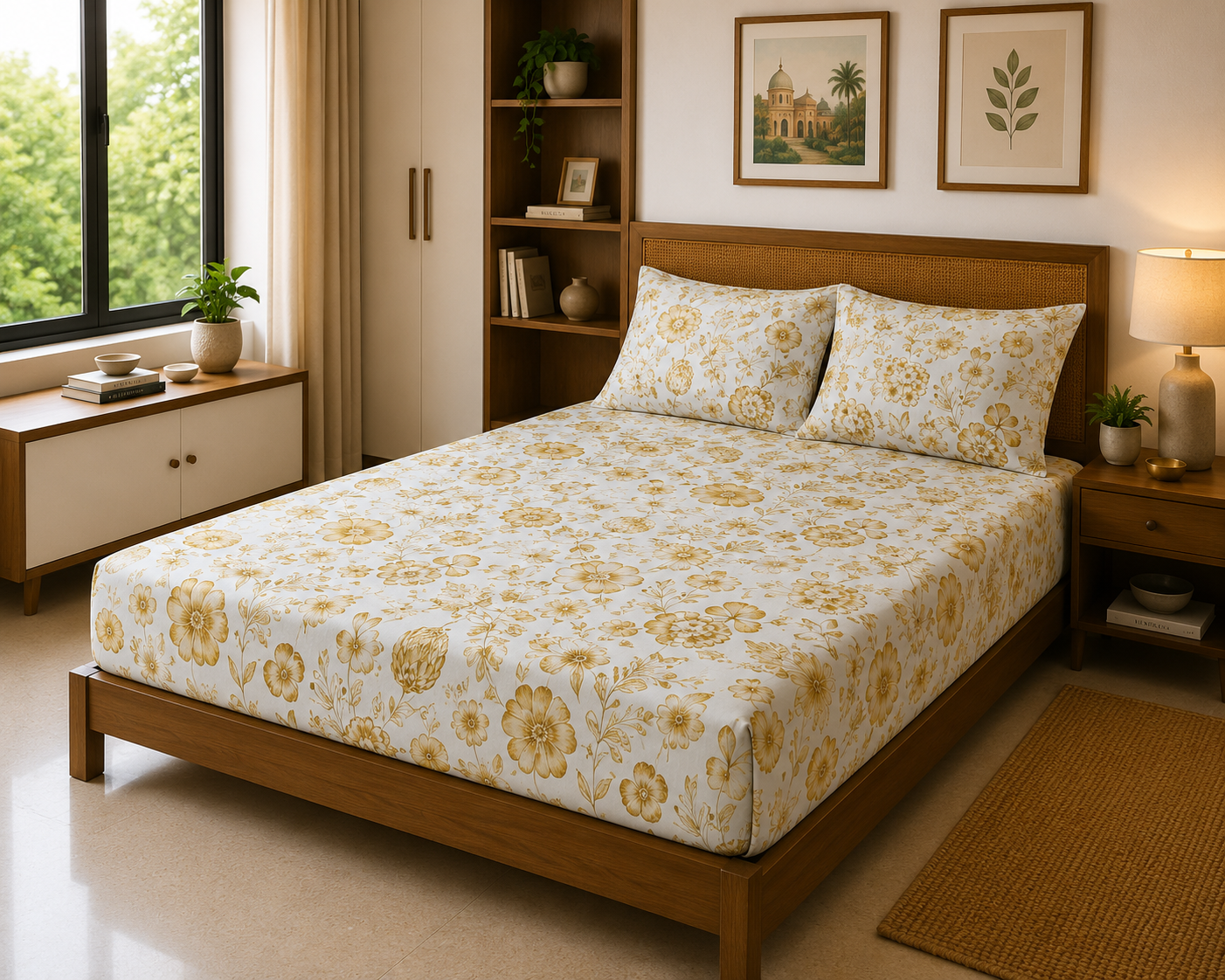 Sunshine Yellow Floral – 180 TC Luxe Bed Sheet