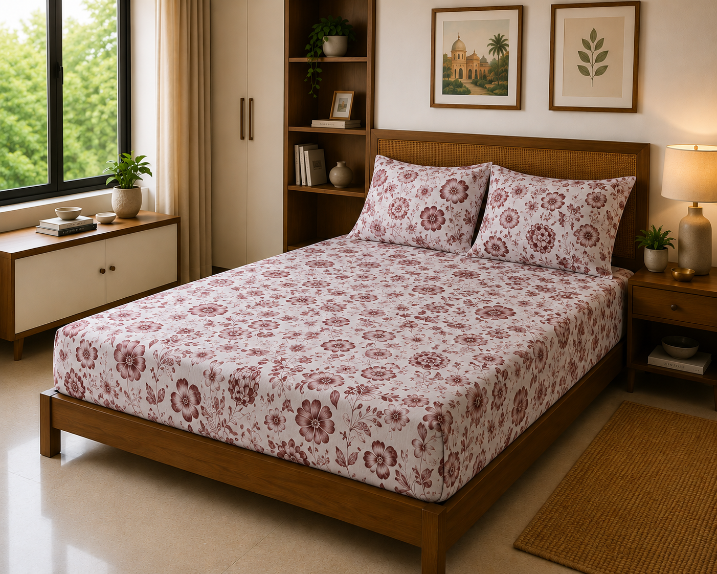 Wine Blossom Floral – 180 TC Luxe Cotton Bed Sheet Set