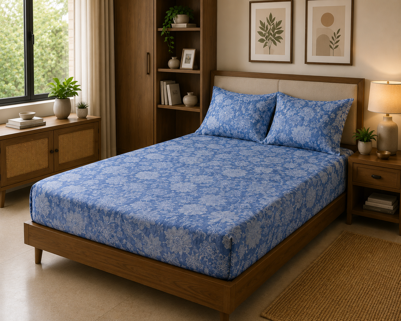 Steel Blue Floral – 100% Cotton Bed Sheet 250 TC