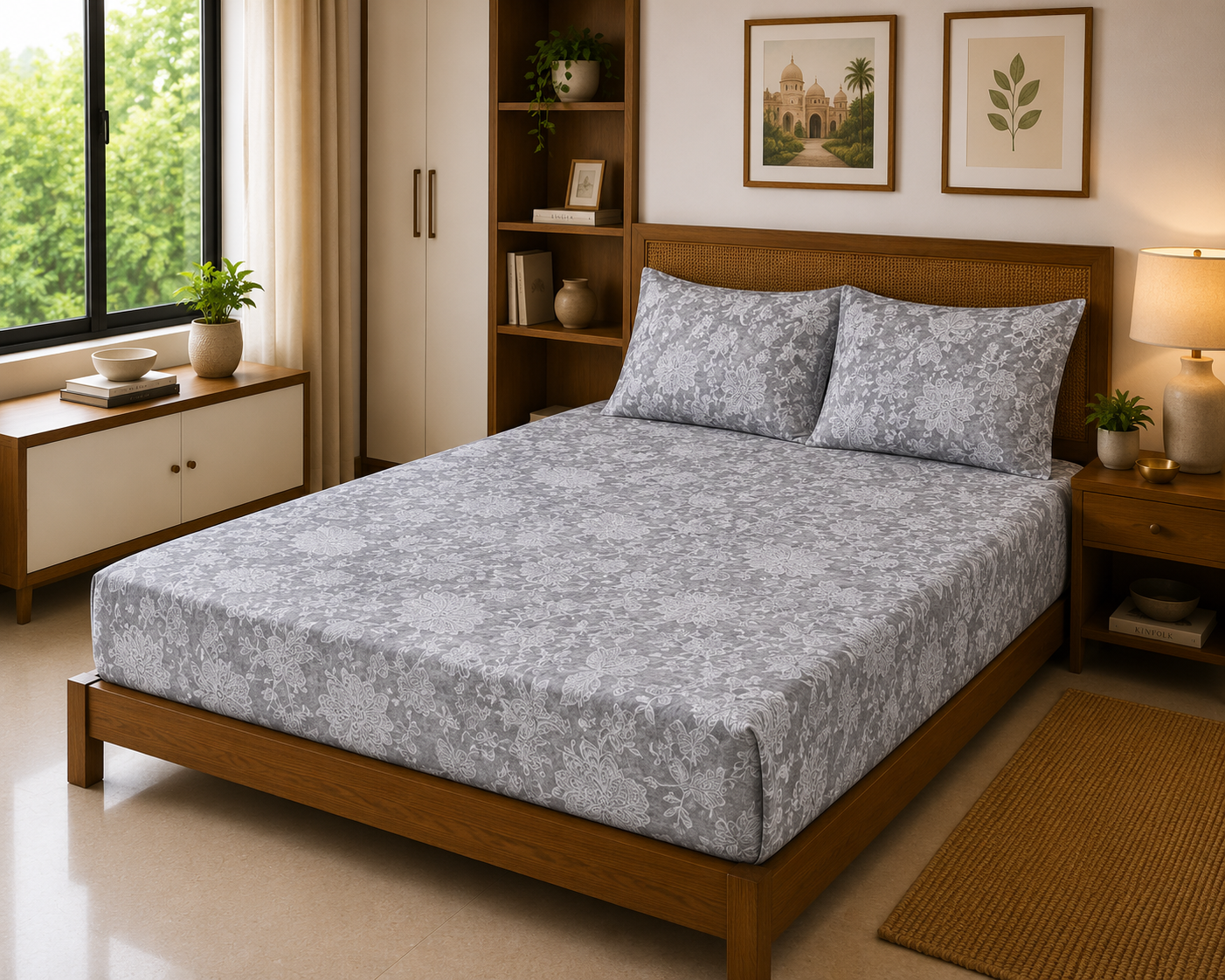 Grey Floral Calm – 250 TC Premium Bed Sheet