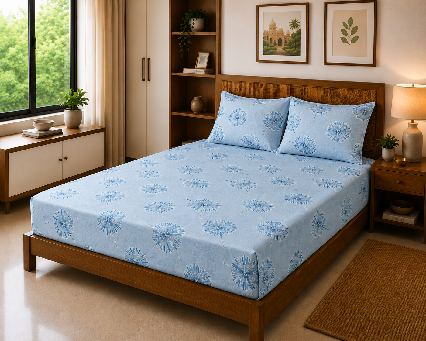 Classic Blue Floral – 100% Cotton Bed Sheet Set 180 TC
